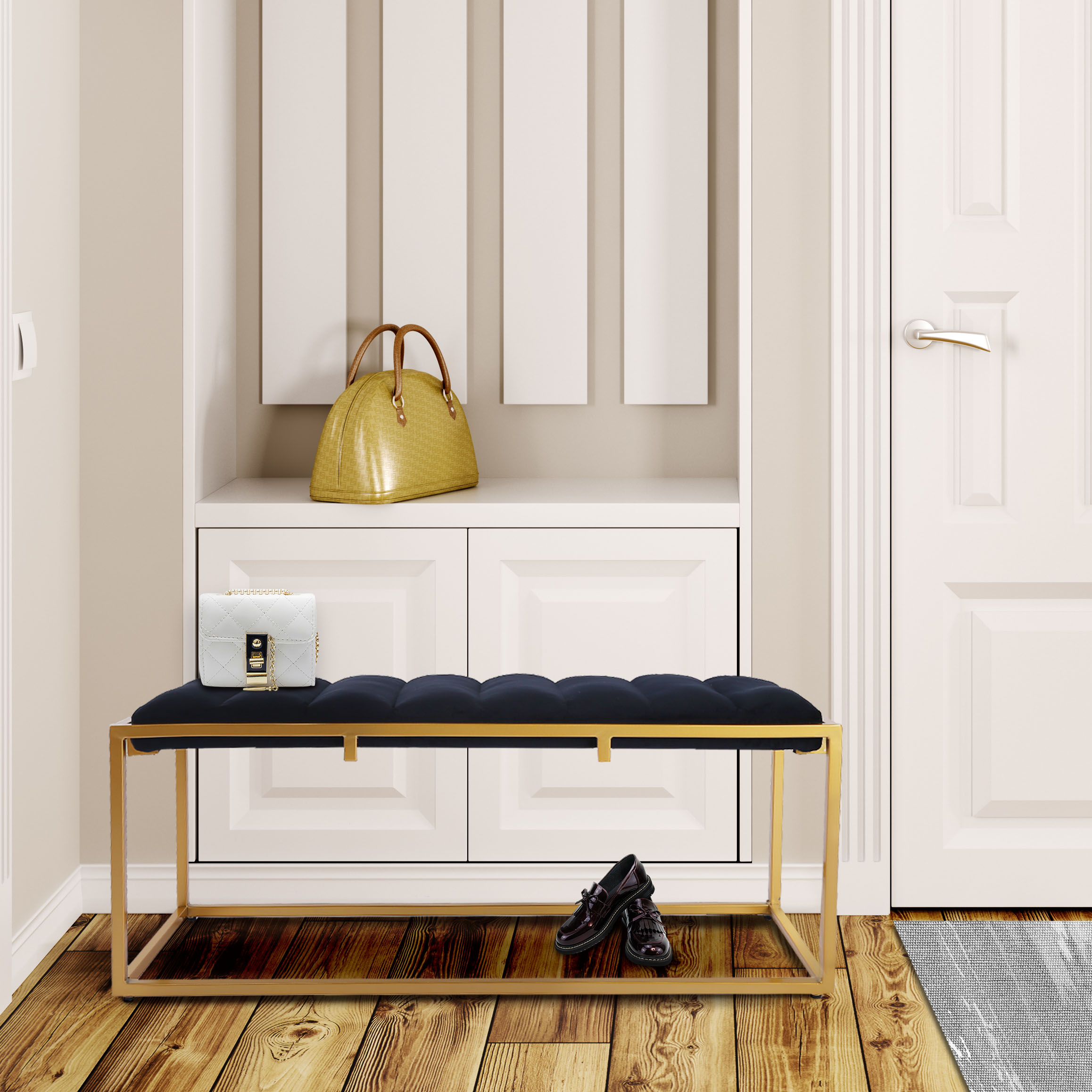 Rectangular Velvet Ottoman with Metal Base, Black and Golden-Boyel Living