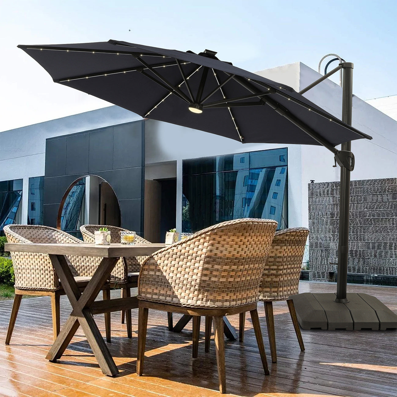 11Ft Solar Tube Light-Emitting Diode Patio Round Umbrella Outdoor Market Hanging Aluminum Umbrella with Crank and Base-Boyel Living