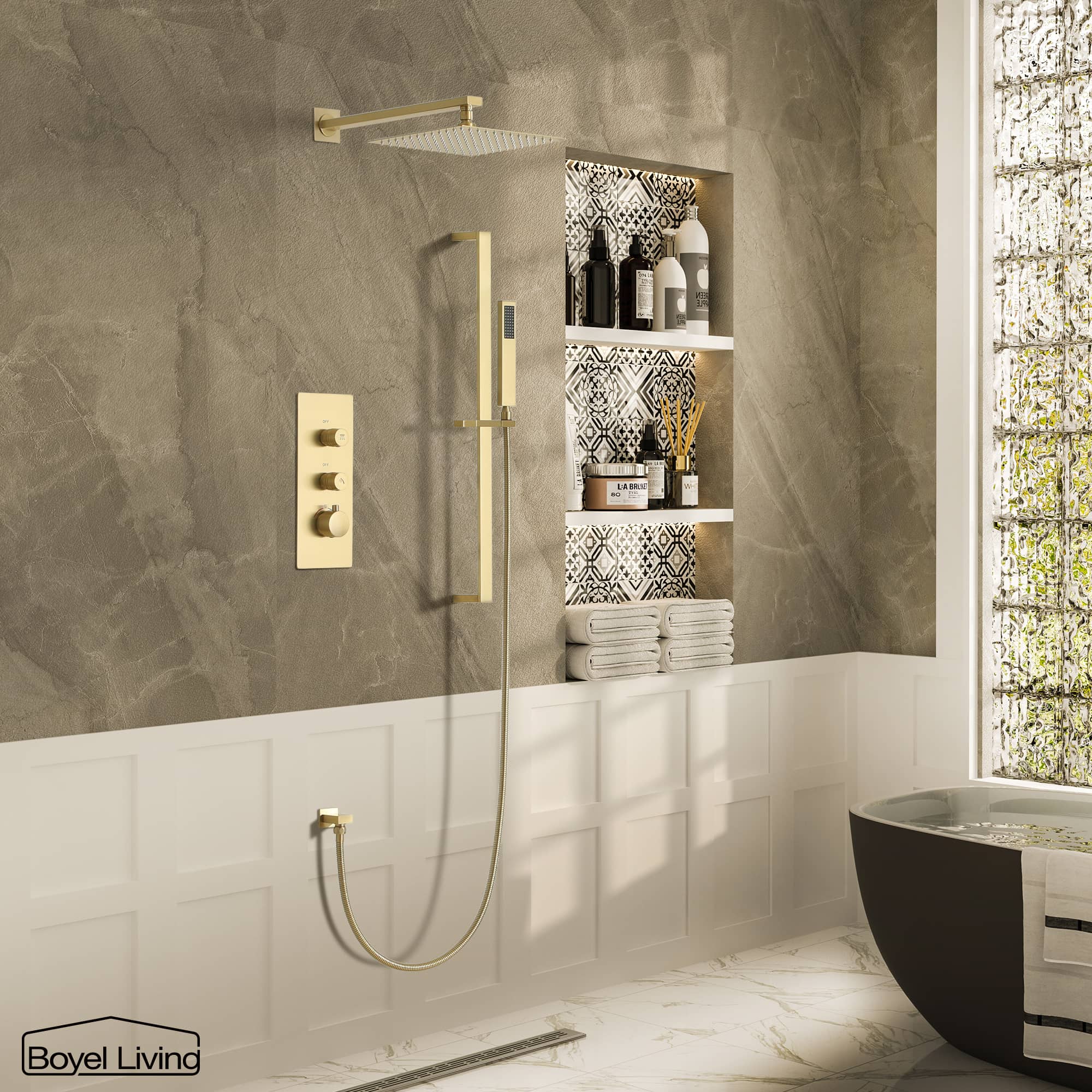 Boyel Living Wall-Mounted 2 GPM Bathroom Shower Faucets Set with Sliding Bar, 10-Inch Square Rainfall Shower Head and Handheld Shower in Brushed Gold-Boyel Living