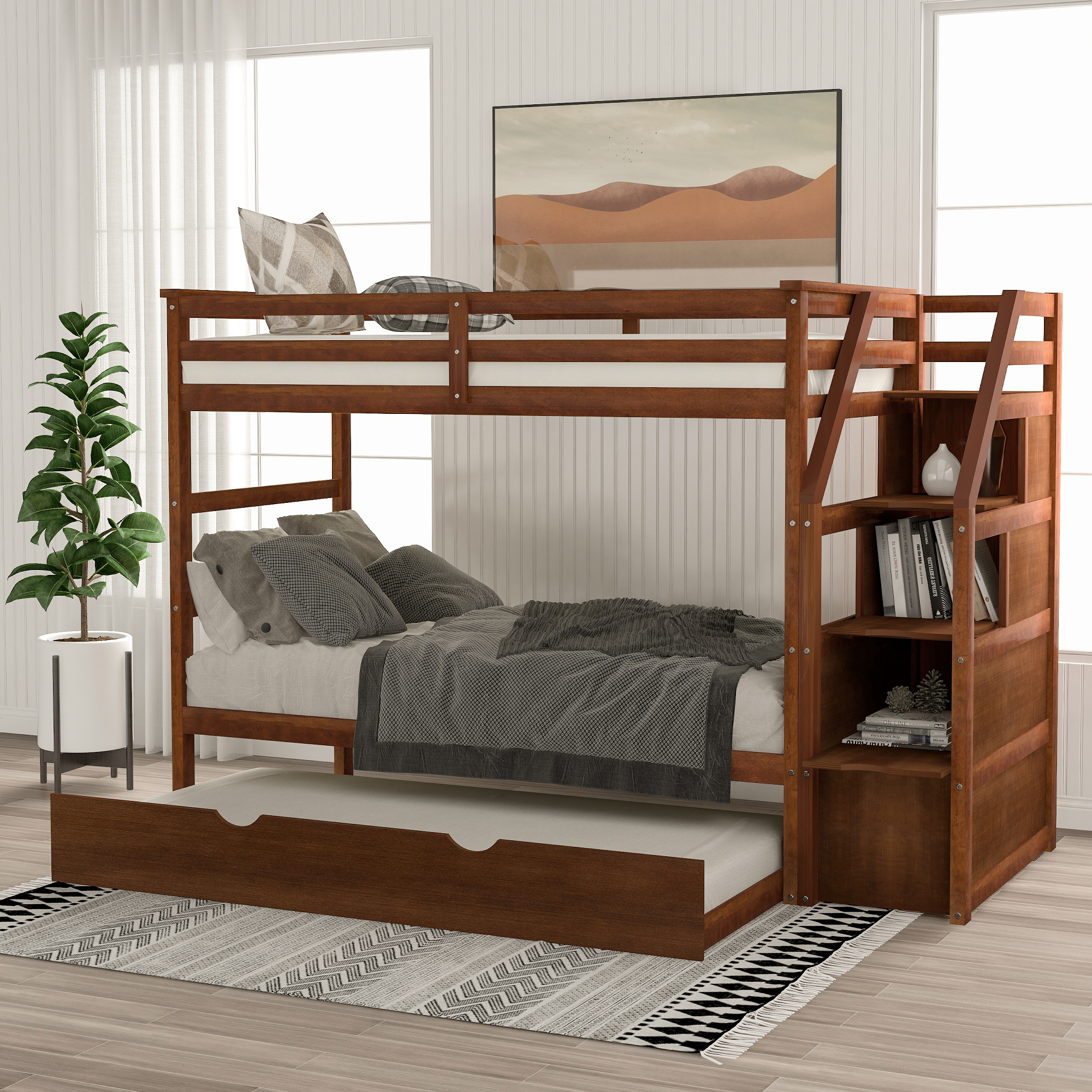 Twin-Over-Twin Bunk Bed with Twin Size Trundle and 3 Storage Stairs,Walnut (OLD SKU :LP000064AAD)-Boyel Living