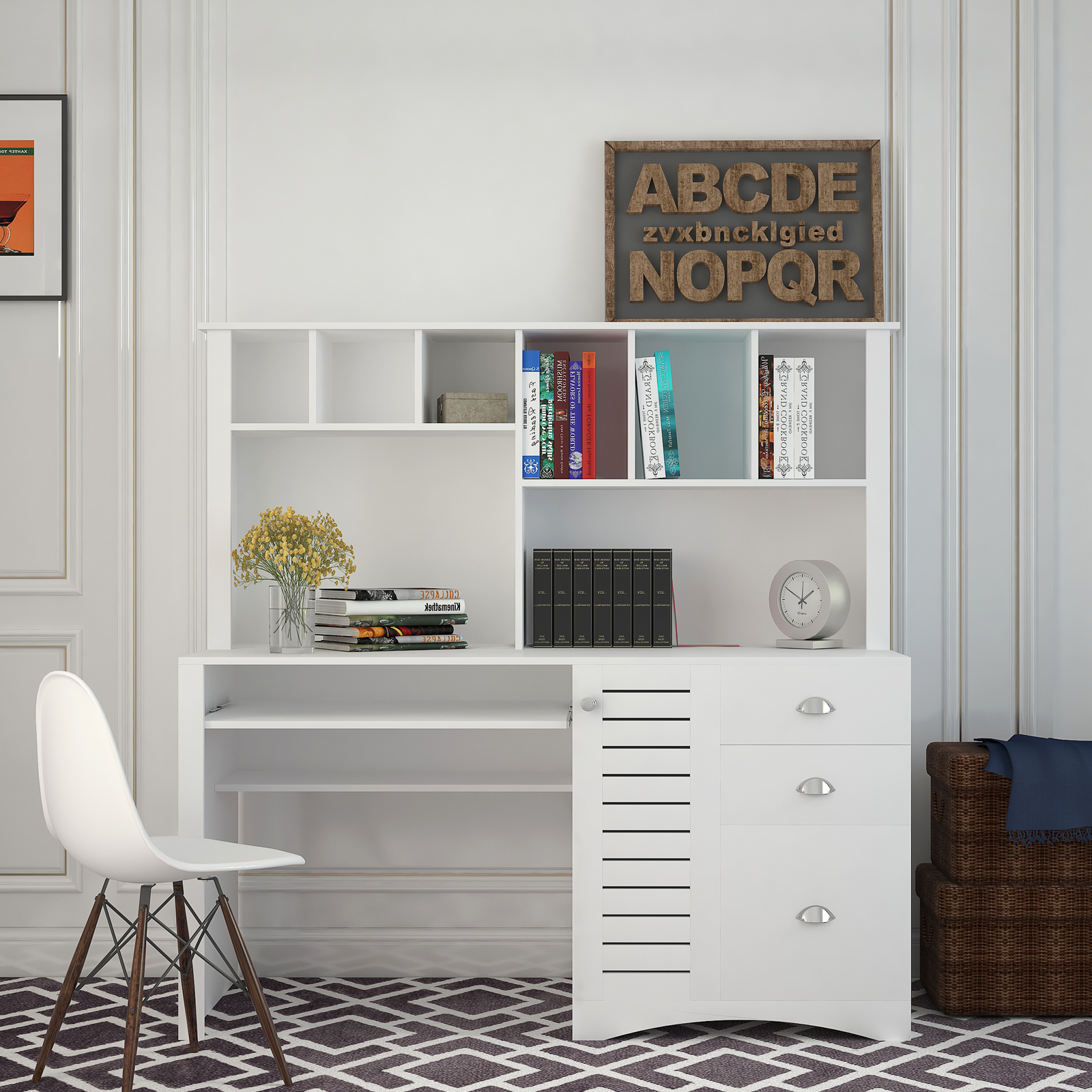 Home Office Computer Desk with Hutch, Antiqued White finish-Boyel Living