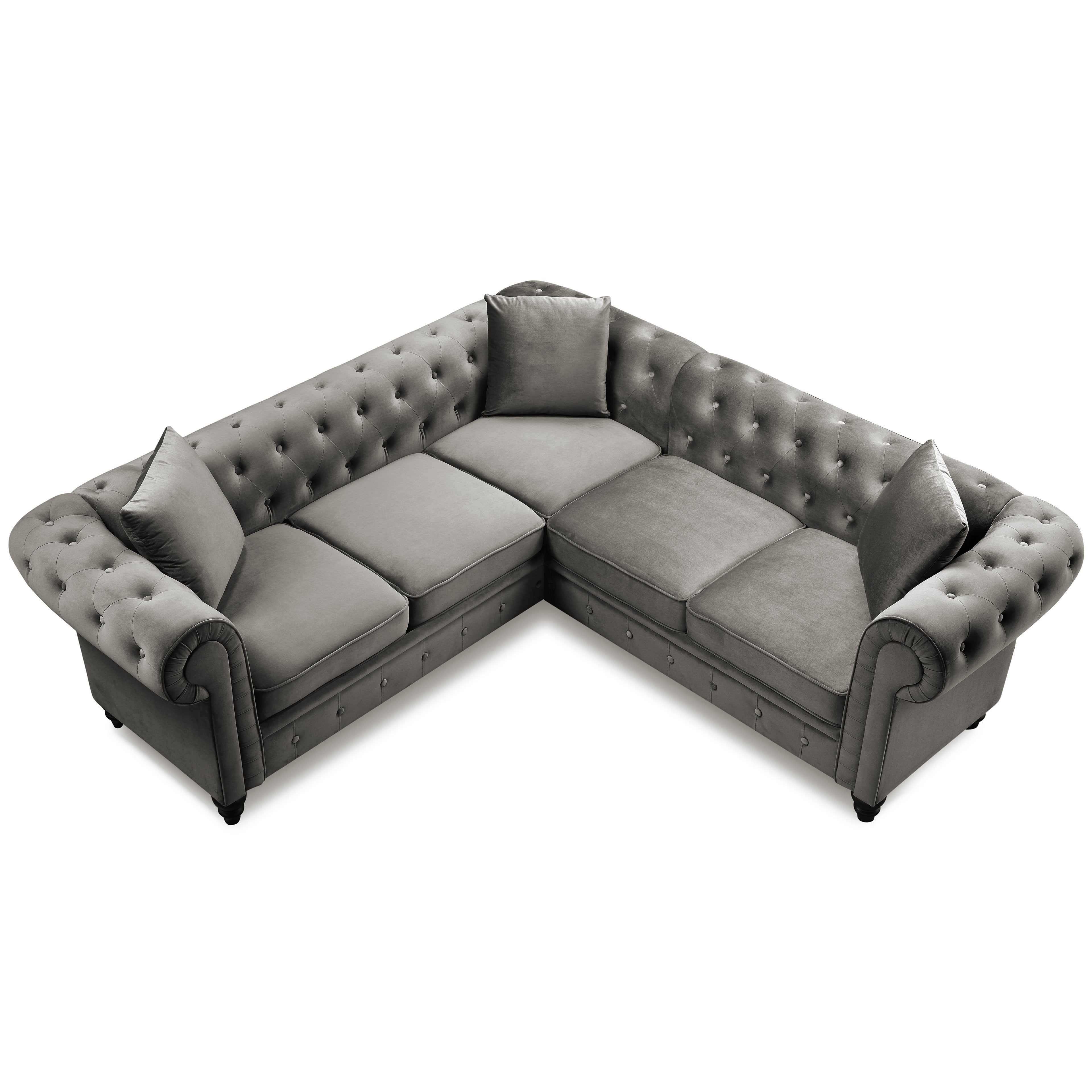 80*80*28" Deep Button Tufted Velvet Upholstered Rolled Arm Classic Chesterfield L Shaped Sectional Sofa 3 Pillows Included-Grey-Boyel Living