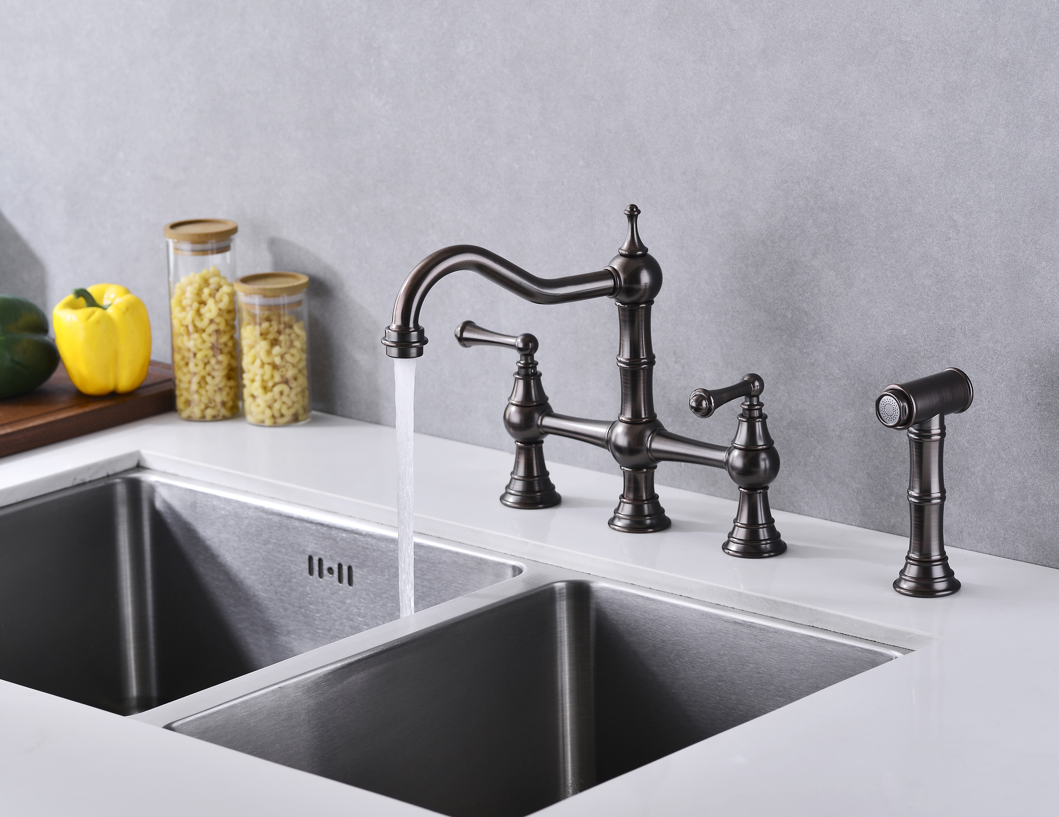  Double Handle Bridge Kitchen Faucet with Brass Side Sprayer in Bronze, 4-Holes Kitchen Faucet