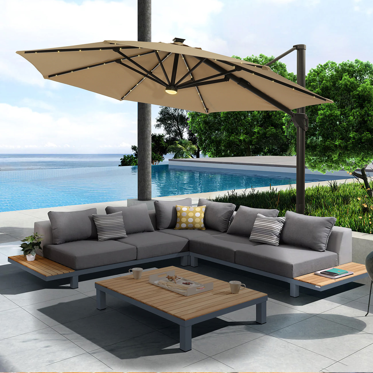 11Ft Solar Tube Light-Emitting Diode Patio Round Umbrella Outdoor Market Hanging Aluminum Umbrella with Crank and Base-Boyel Living