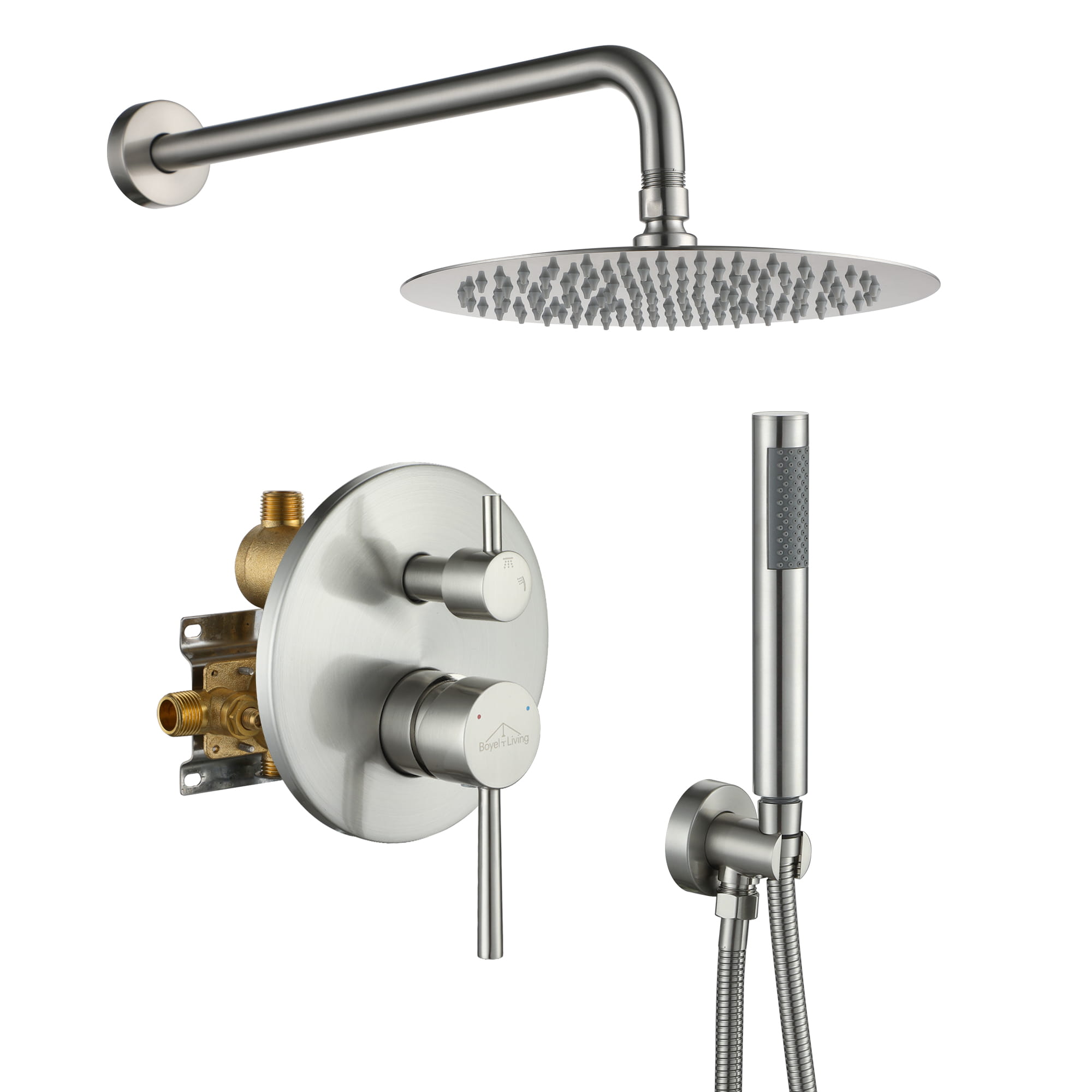 Shower System Wall Mounted with 10 in. Round Rainfall Shower head and Handheld Shower Head, Brushed Nickel-Boyel Living