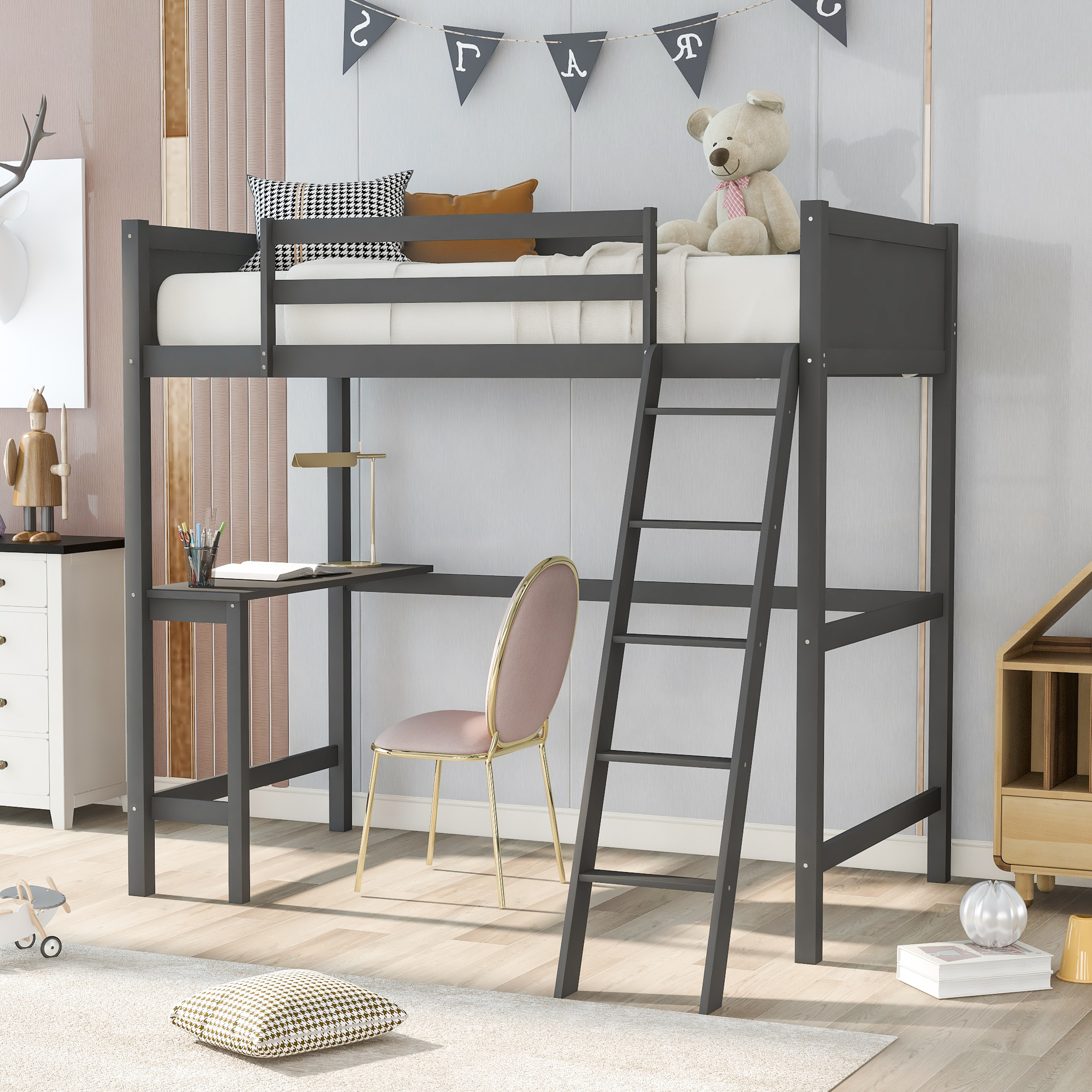 Twin size Loft Bed with Desk and Ladder-Gray-Boyel Living