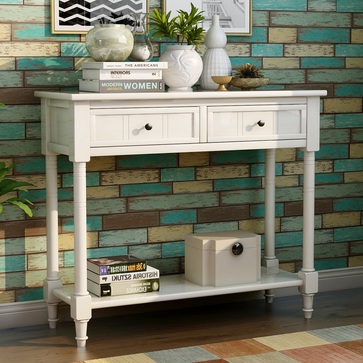 Daisy Series Console Table Traditional Design with Two Drawers and Bottom Shelf (Ivory White)-Boyel Living