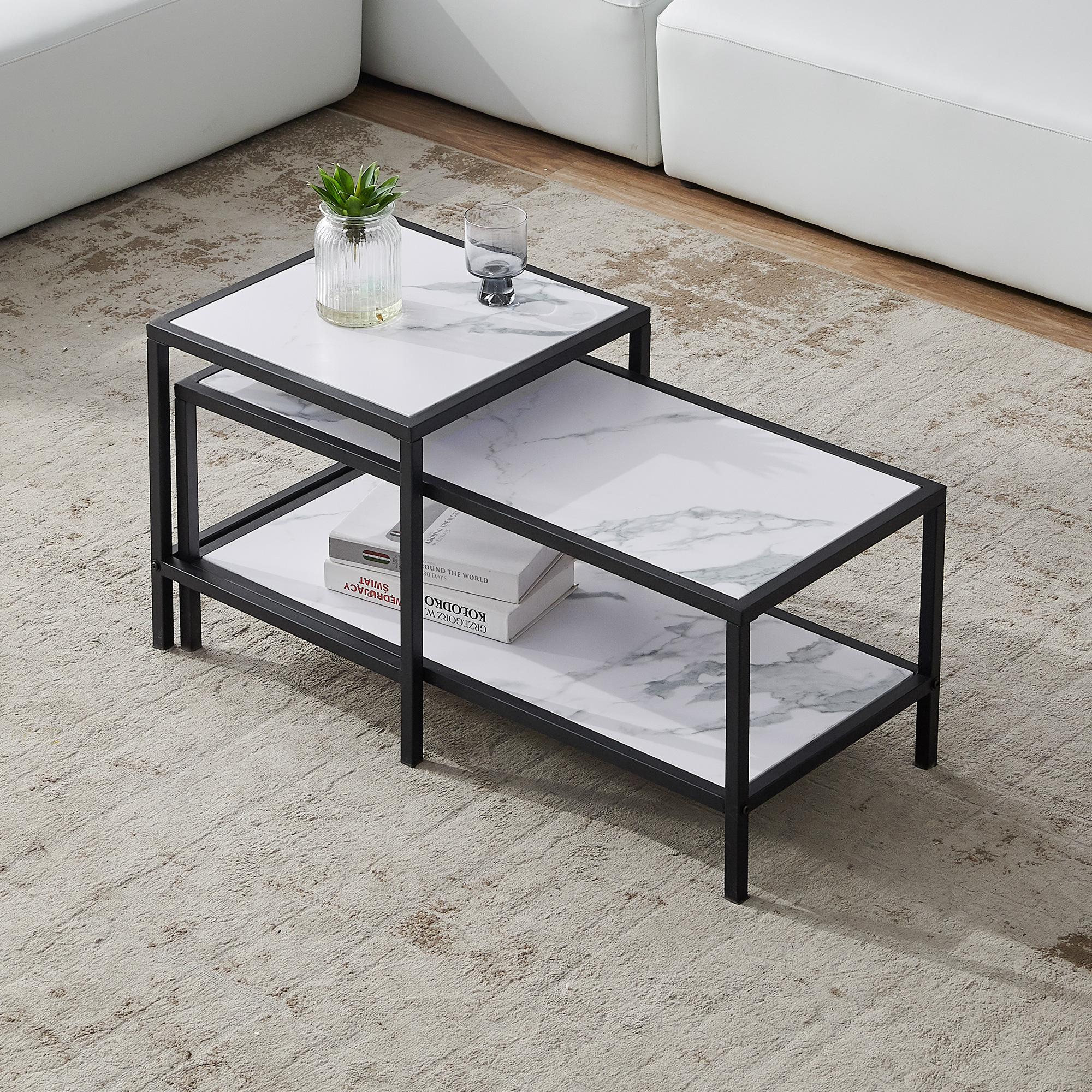 Modern Nesting coffee table Square  rectangle,Black metal frame with wood marble color top-Boyel Living