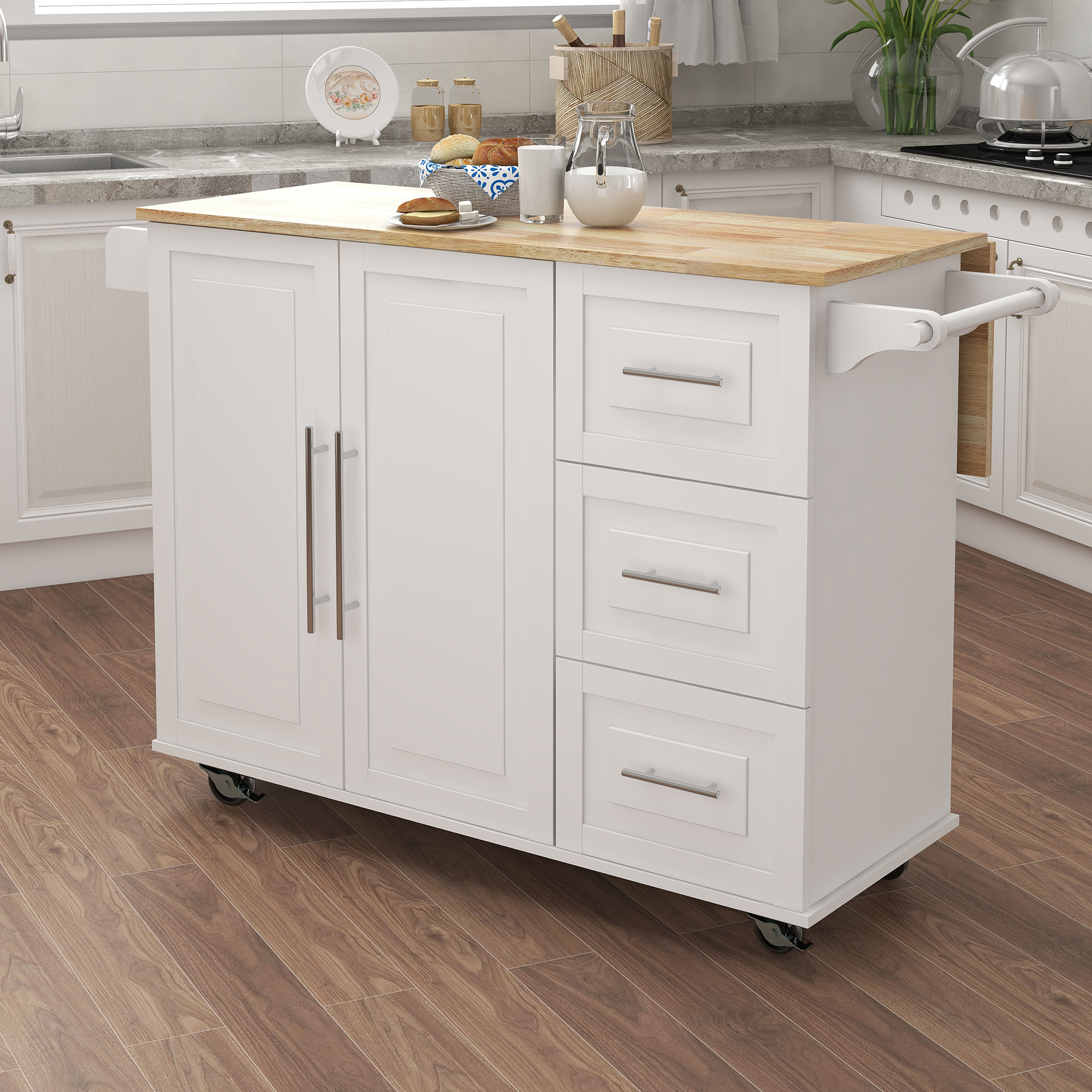 Kitchen Island with Spice Rack, Towel Rack and Extensible Solid Wood Table Top-White-Boyel Living