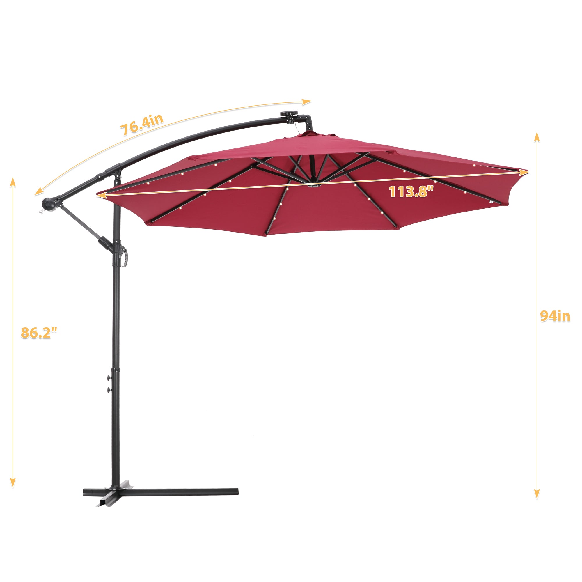 10 FT Solar LED Patio Outdoor Umbrella Hanging Cantilever Umbrella Offset Umbrella Easy Open Adustment with 24 LED Lights - Burgundy-Boyel Living