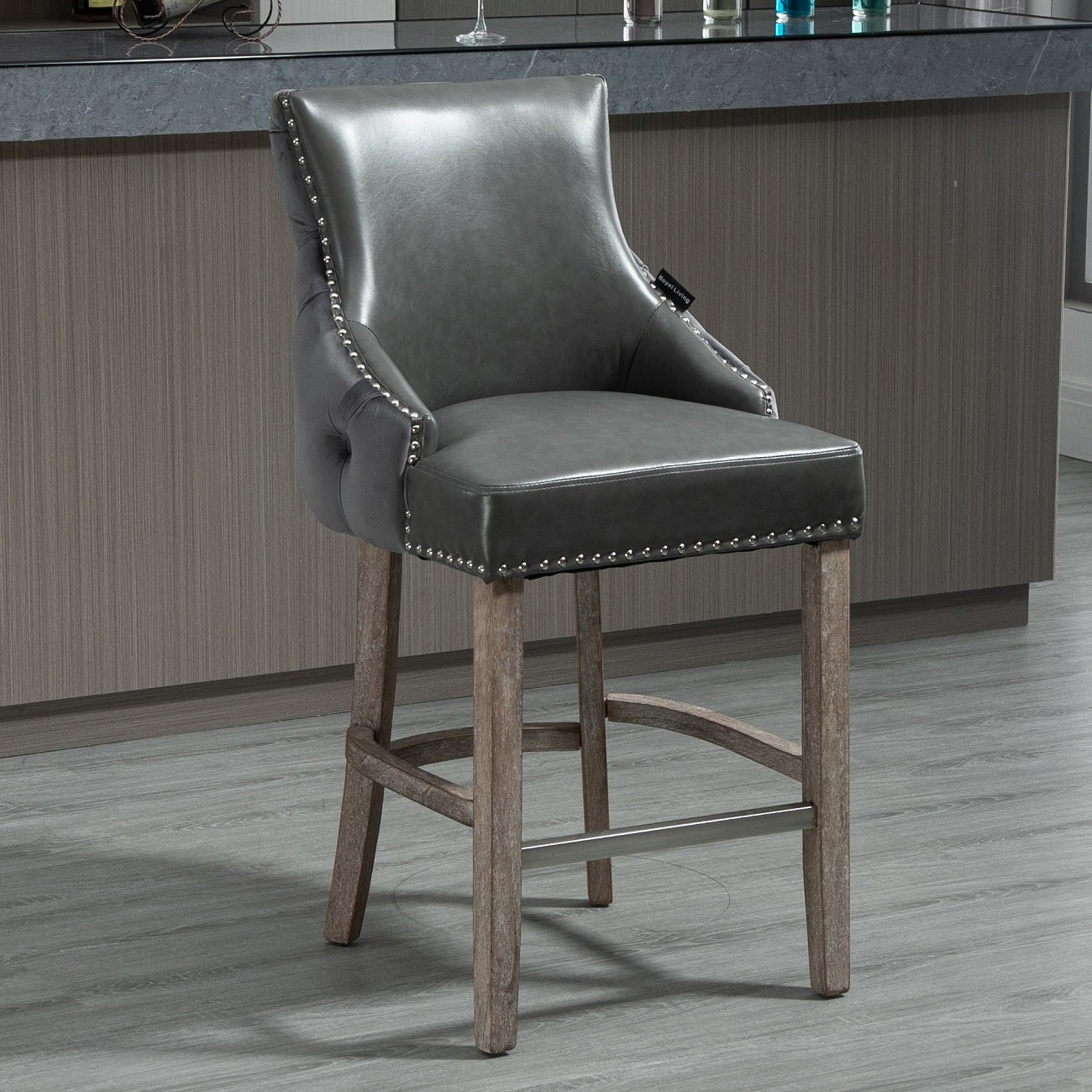 40 in. Gray Velvet+PU Fabric Nailhead Tufted Bar Stool with 4 Solid Wood Legs, Set of 2-Boyel Living