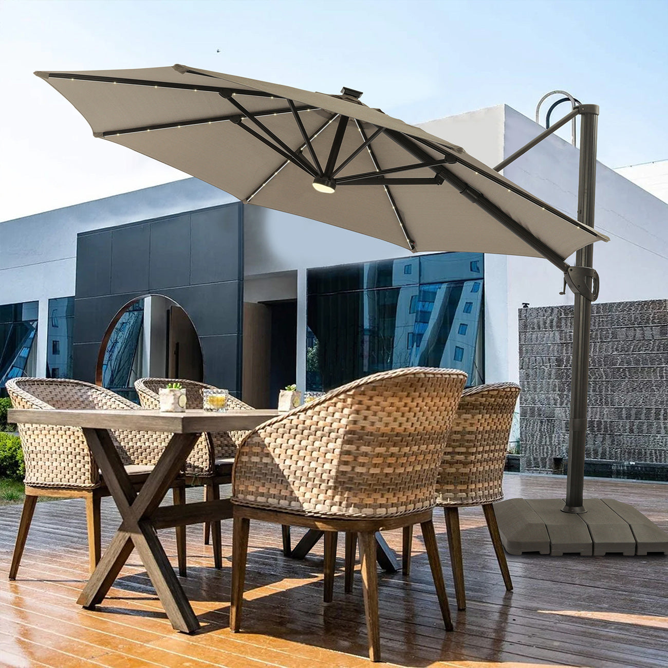 11Ft Solar Tube Light-Emitting Diode Patio Round Umbrella Outdoor Market Hanging Aluminum Umbrella with Crank and Base-Boyel Living