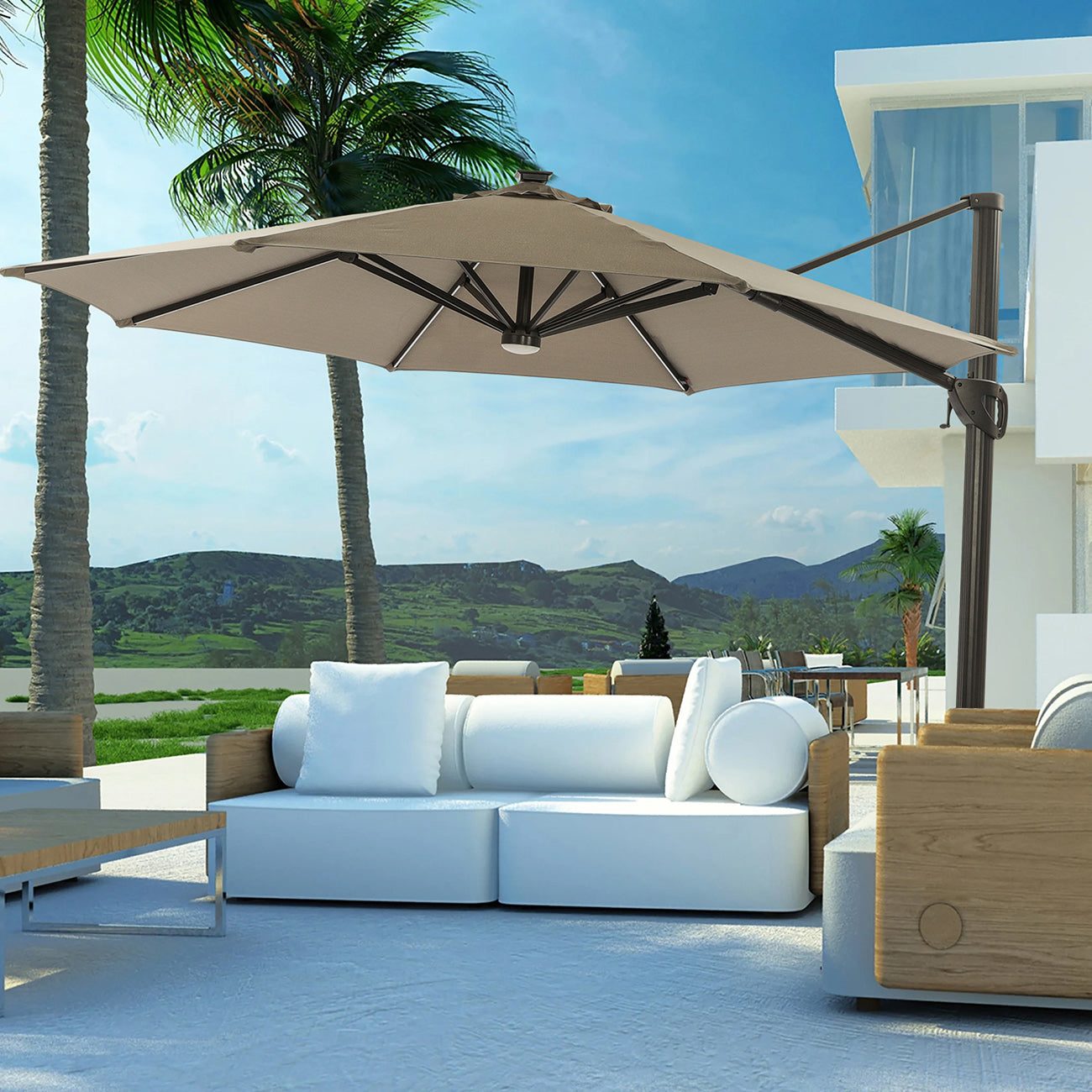 11Ft Solar Tube Light-Emitting Diode Patio Round Umbrella Outdoor Market Hanging Aluminum Umbrella with Crank and Base-Boyel Living