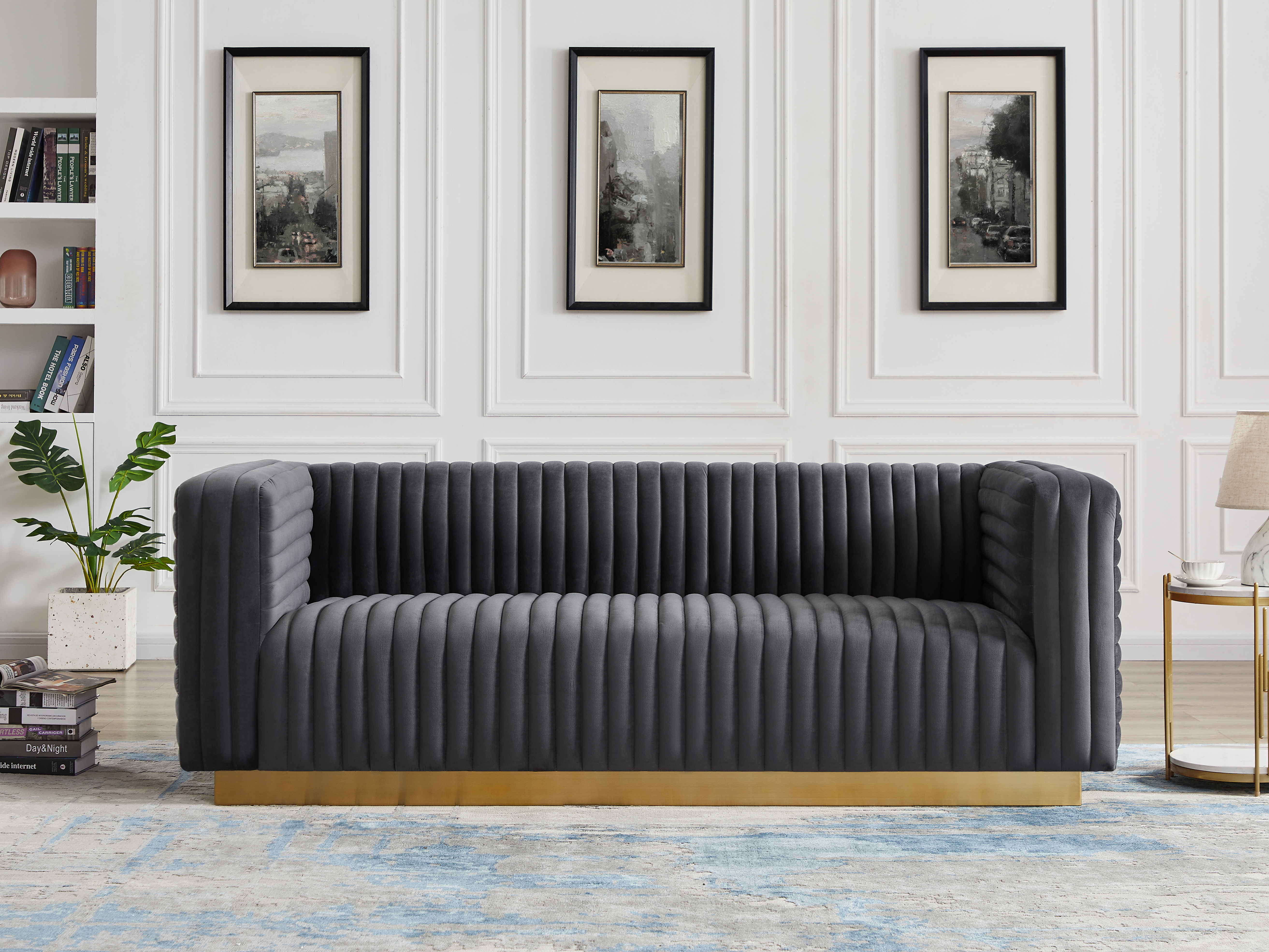 Three Seaters Velvet Sofa  With Golden Stainless Steel Square Bottom Frame-Boyel Living