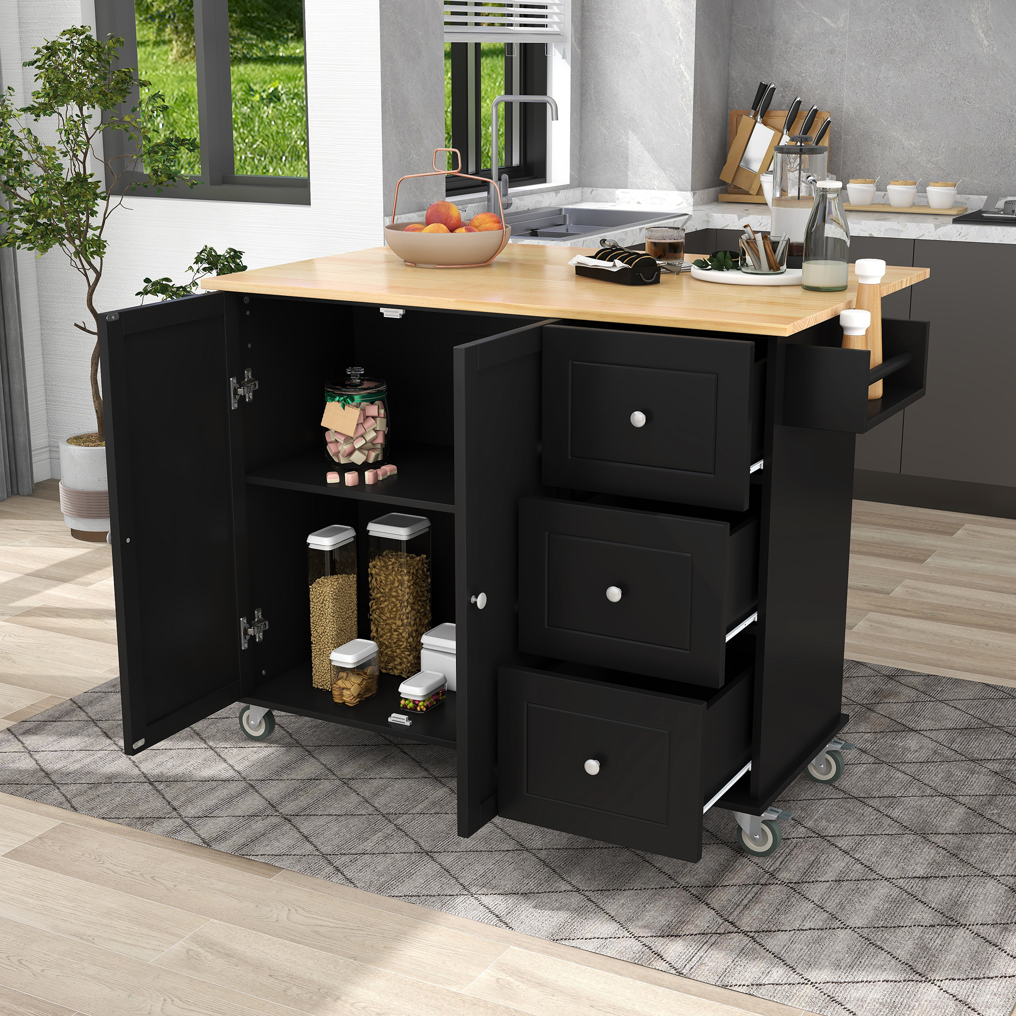 Rolling Mobile Kitchen Island with Solid Wood Top and Locking Wheels,52.7 Inch Width,Storage Cabinet and Drop Leaf Breakfast Bar,Spice Rack, Towel ...