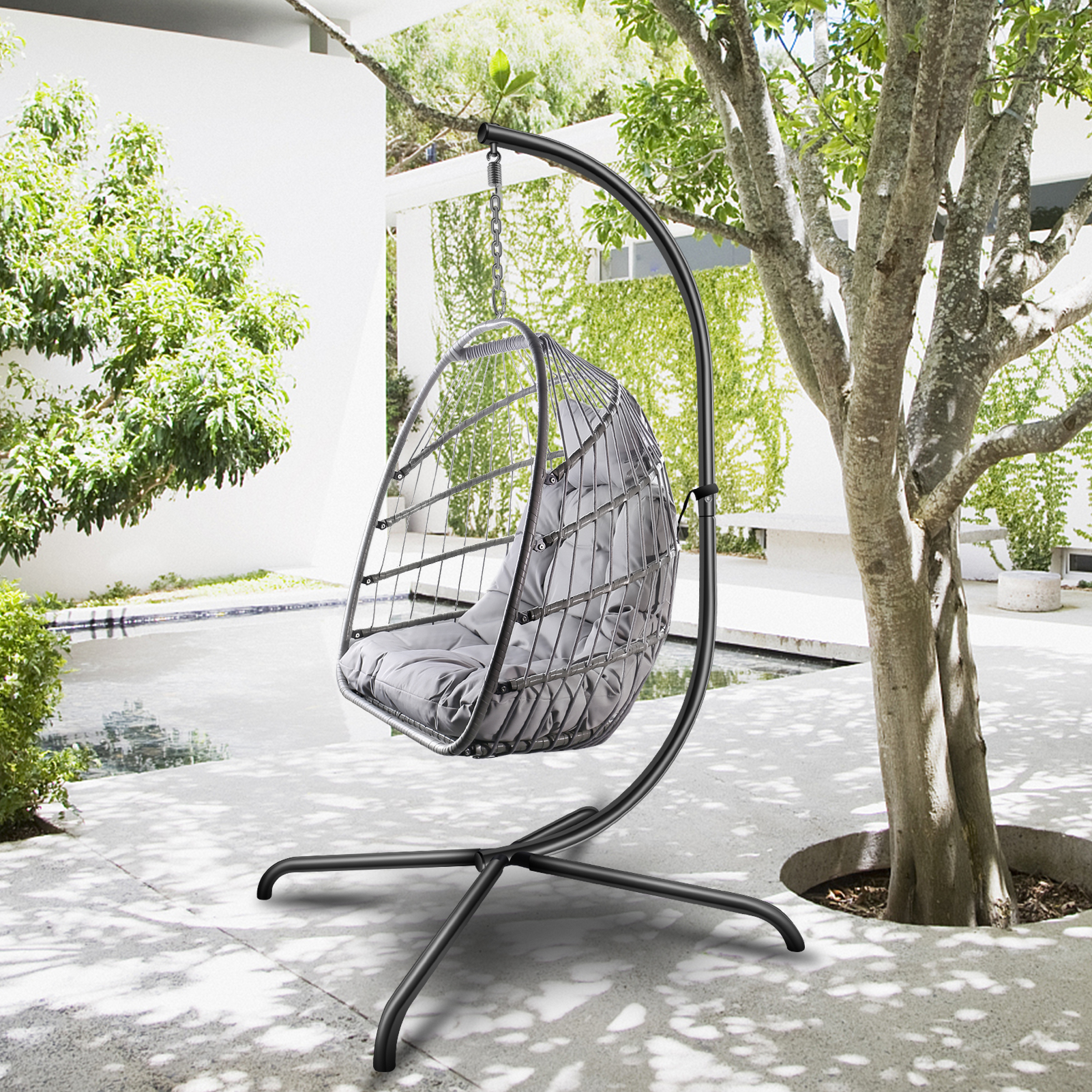 Swing Egg Chair with Stand Indoor Outdoor Wicker Rattan Patio Basket Hanging Chair with C Type bracket , with cushion and pillow,Patio Wicker folding Hanging Chair-Boyel Living