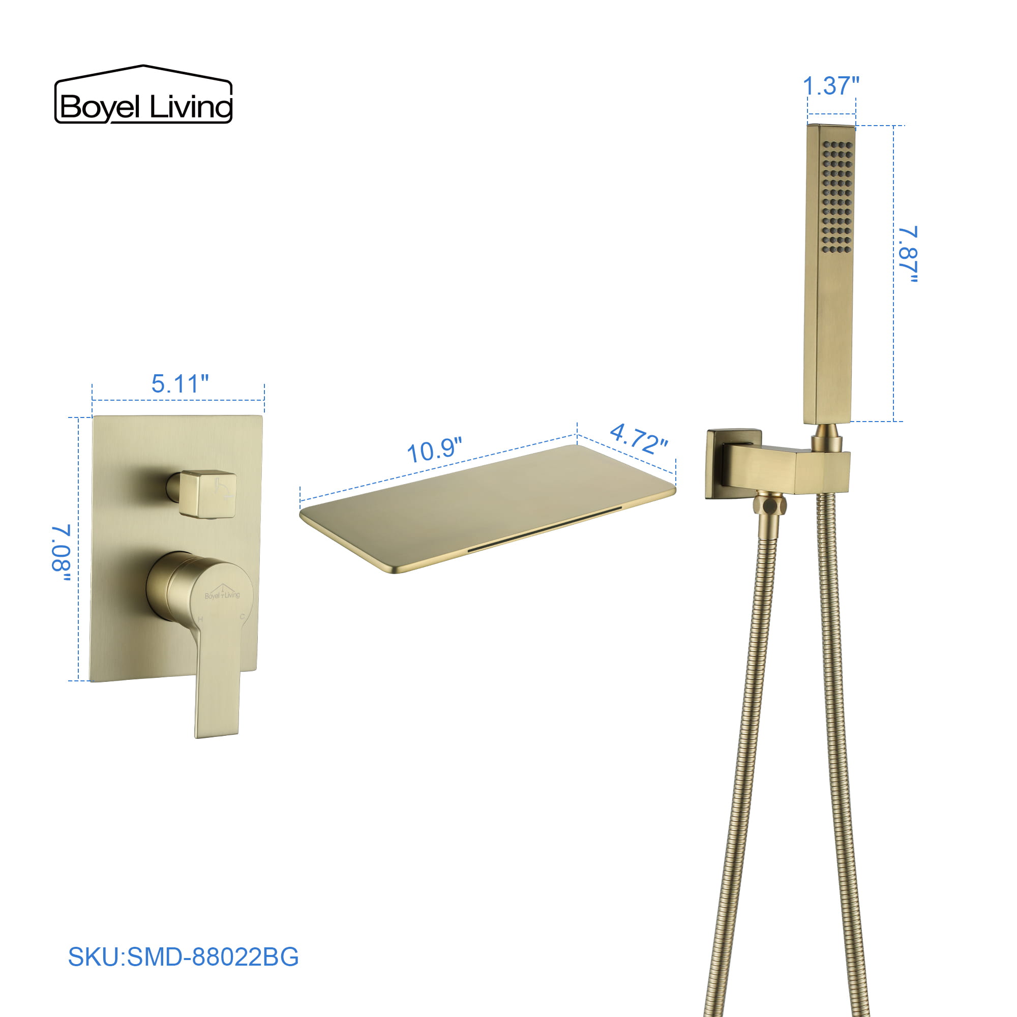 Single-Handle Wall Mounted Roman Large Waterfall Tub Faucet with Hand Shower-Boyel Living