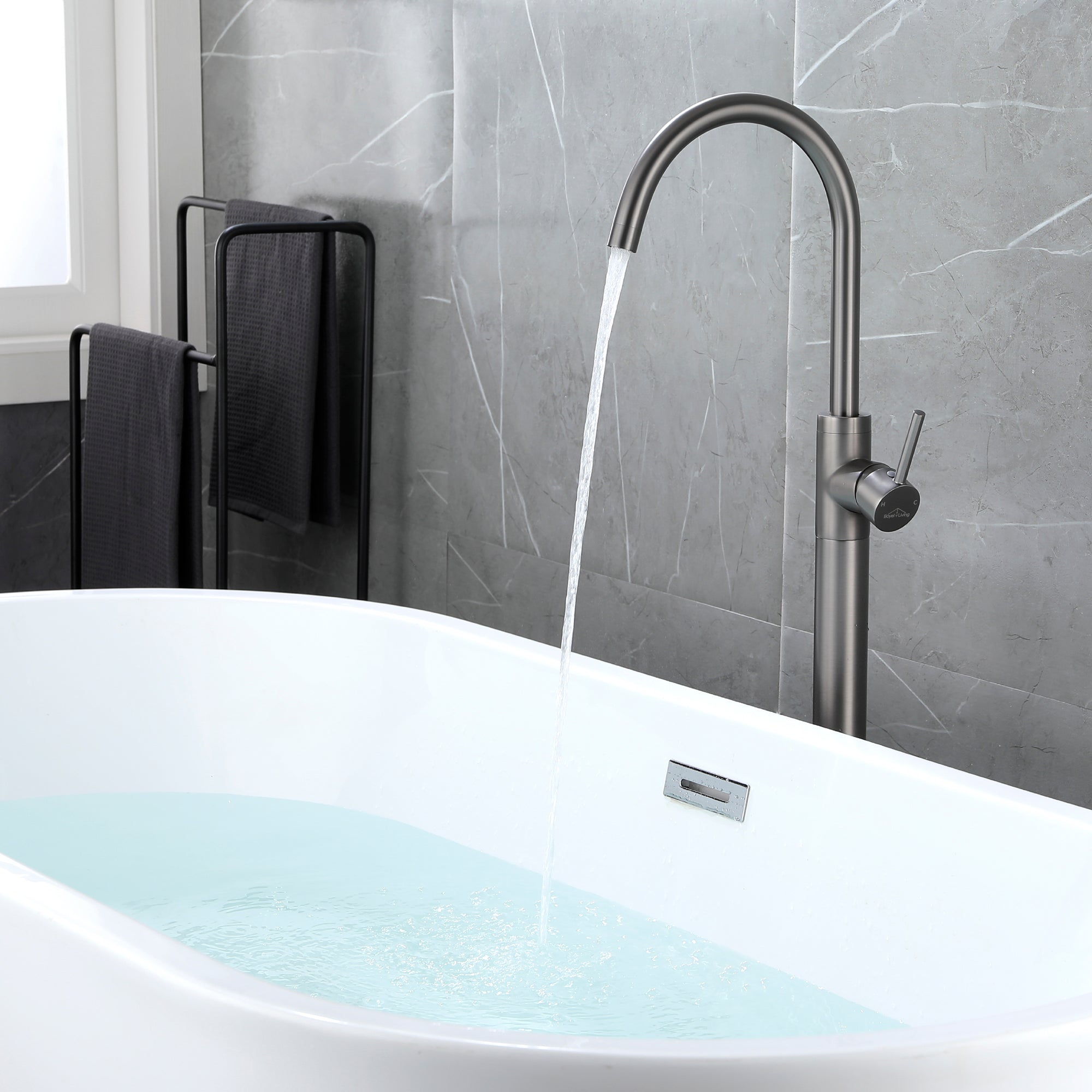 Boyel Living Freestanding Floor Mount Single Handle Bath Tub Filler Faucet with Water Supply Lines in Gunmetal Gray-Boyel Living
