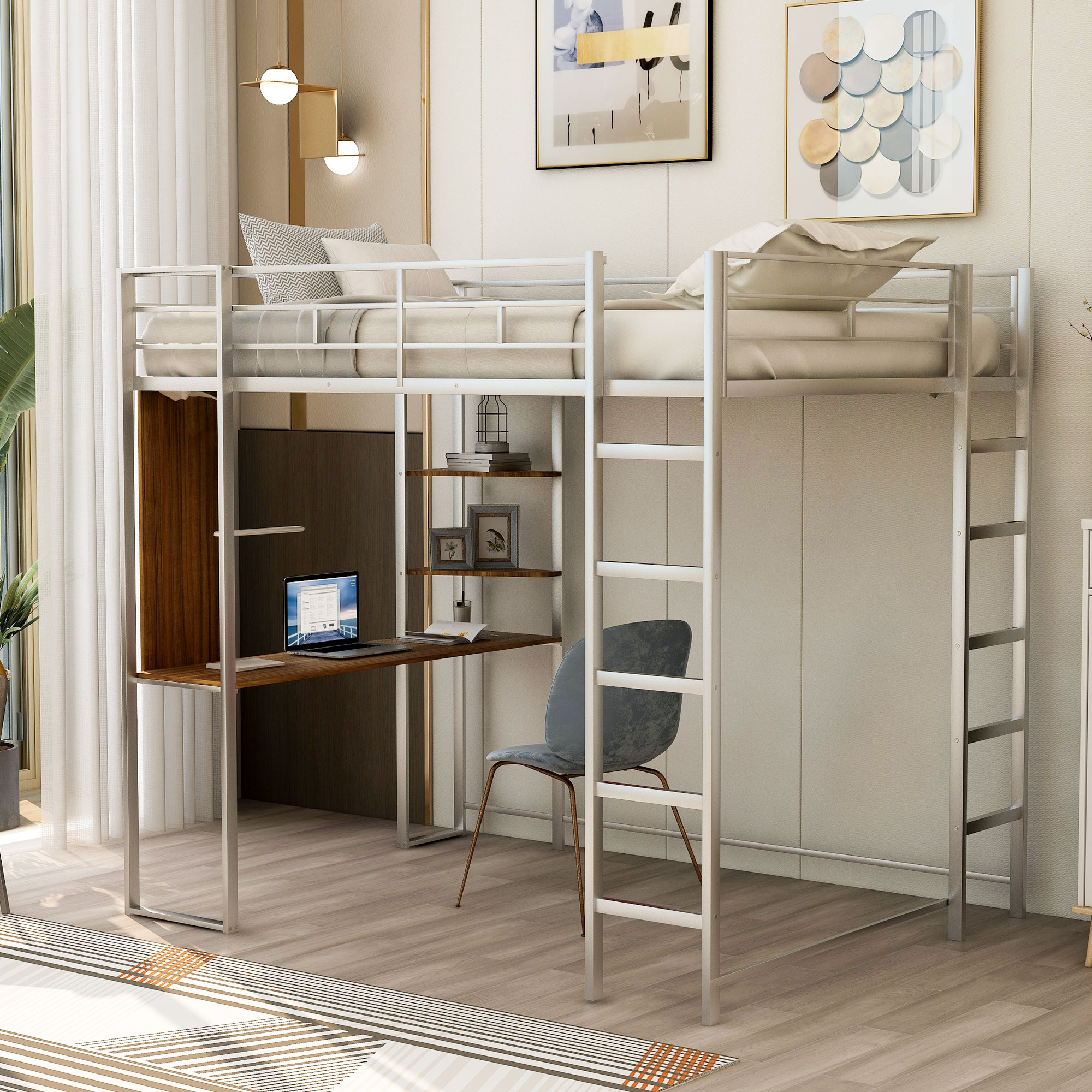 Full Size Metal Loft Bed with 2 Shelves and one Desk ,Silver (Old SKU: LP000191AAN )-Boyel Living