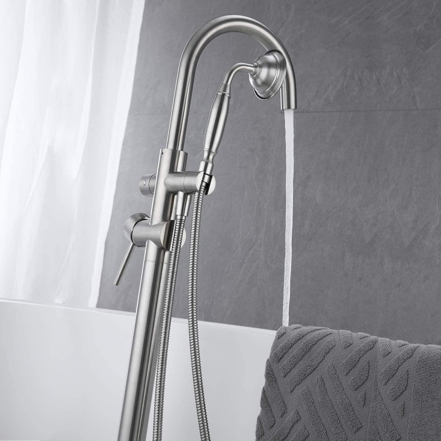 Boyel Living 6 GPM Floor Mount Freestanding Tub Faucet with Handheld Shower, Brushed Nickel/Chrome-Boyel Living