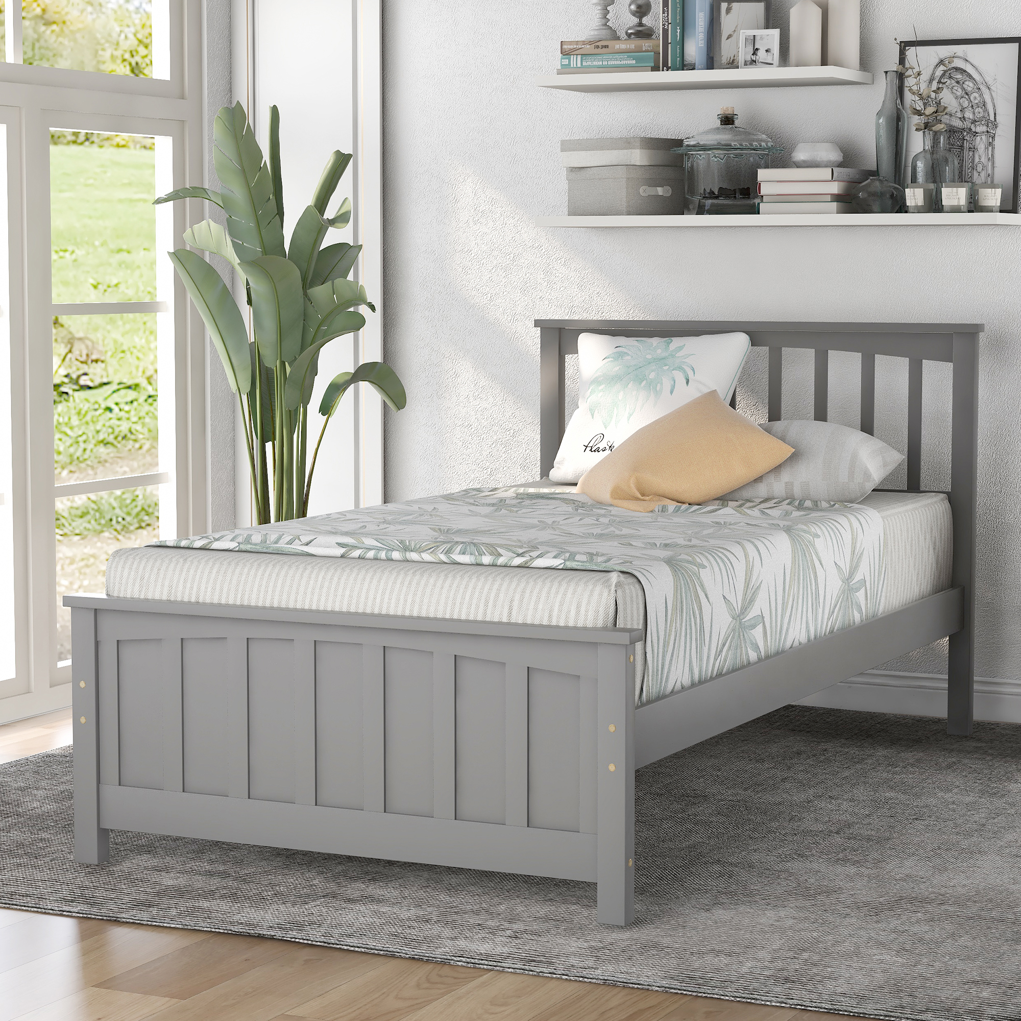 Wood Platform Bed Twin size Platform Bed, Gray-Boyel Living