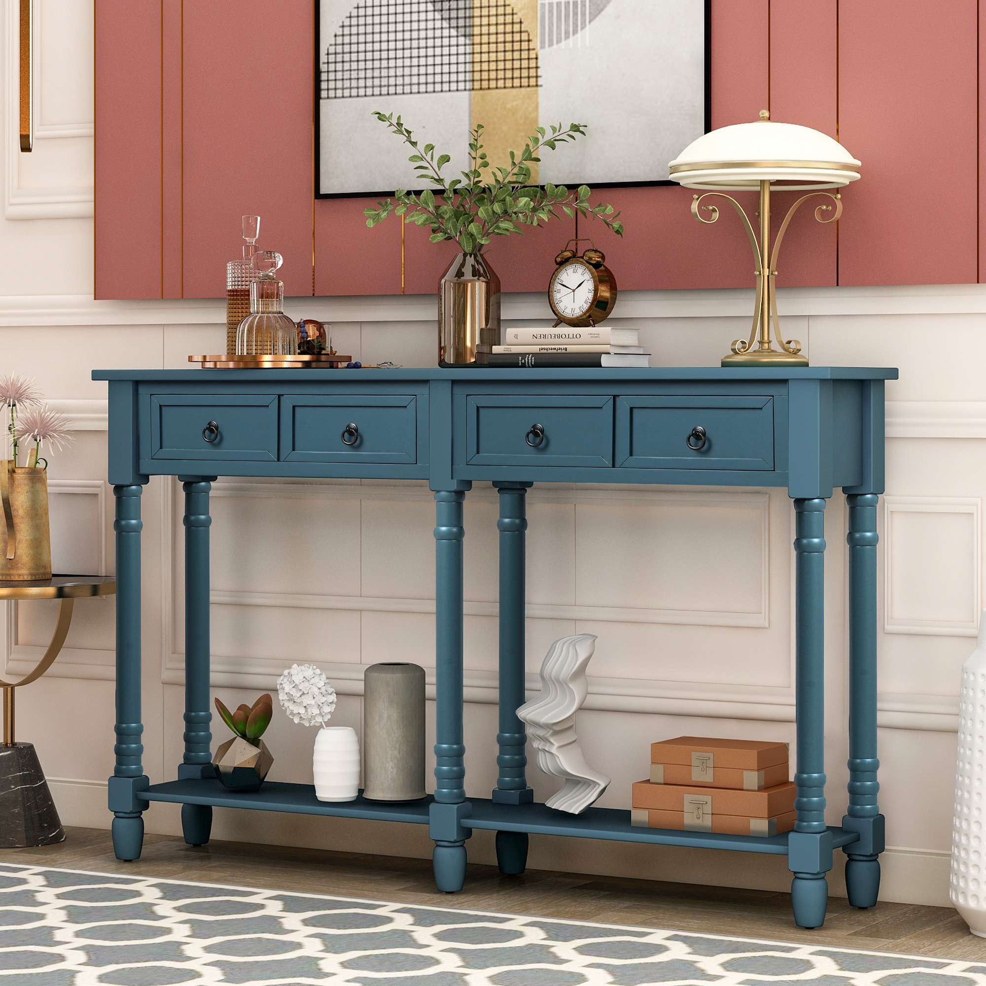 Console Table Sofa Table with Drawers and Long Shelf Rectangular Living Room Table Solid Wood (Antique Navy)-Boyel Living