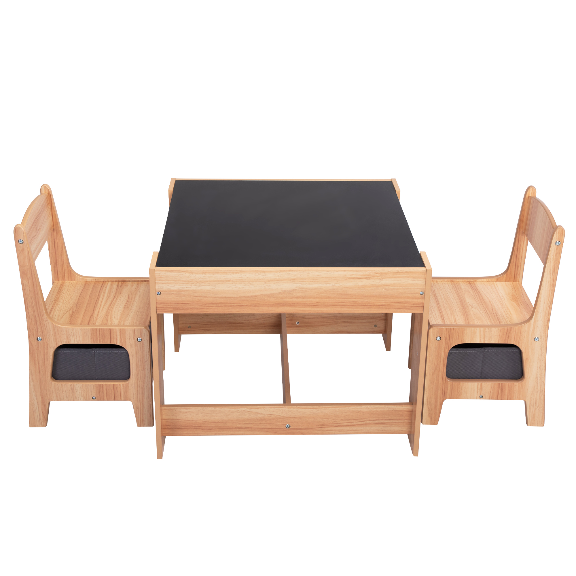 3-in-1 Kids Wood Table and 2 Chairs, Children Activity Table Set with Storage, Blackboard, Double-Sided Table for Drawing,Natural
