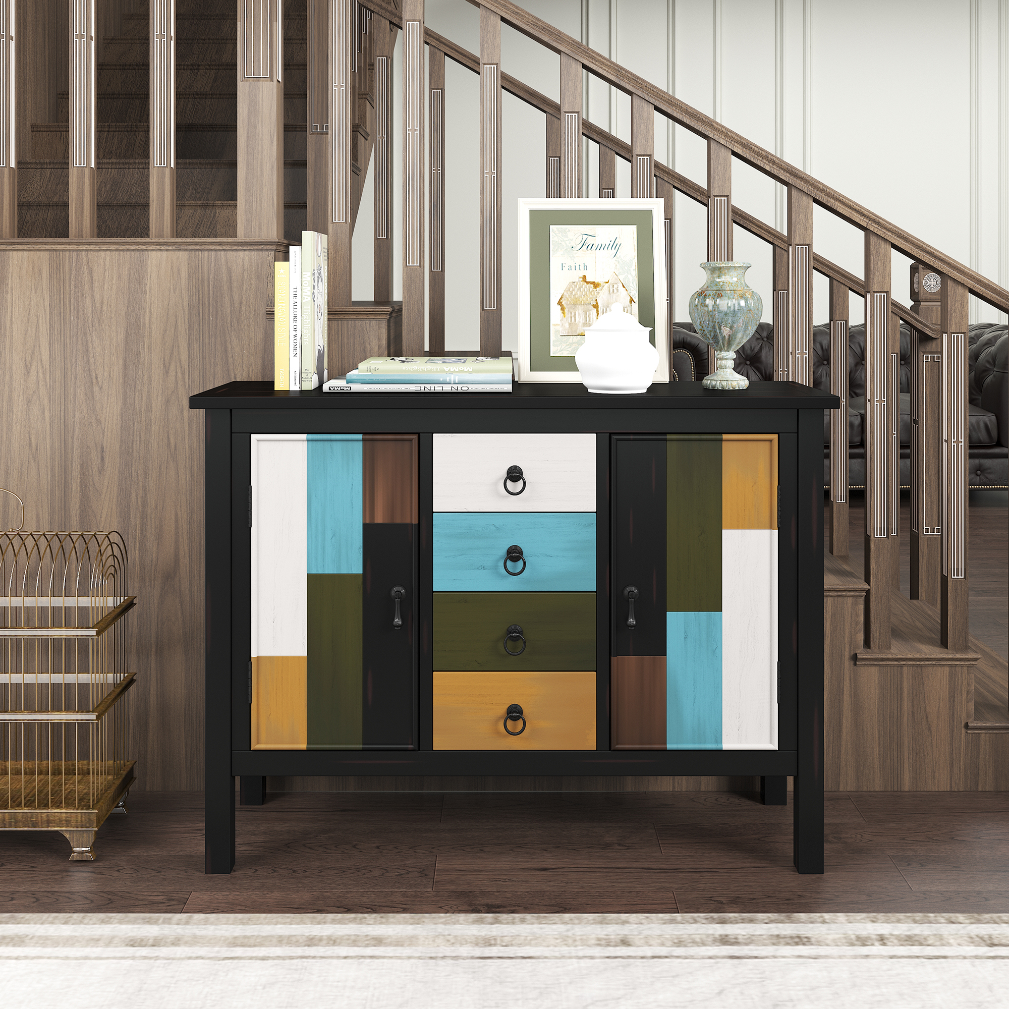 Colorful design Pine Wooden Structure and MDF Board Cabinet with Four Drawers and Two Large Cabinets (Black)-Boyel Living