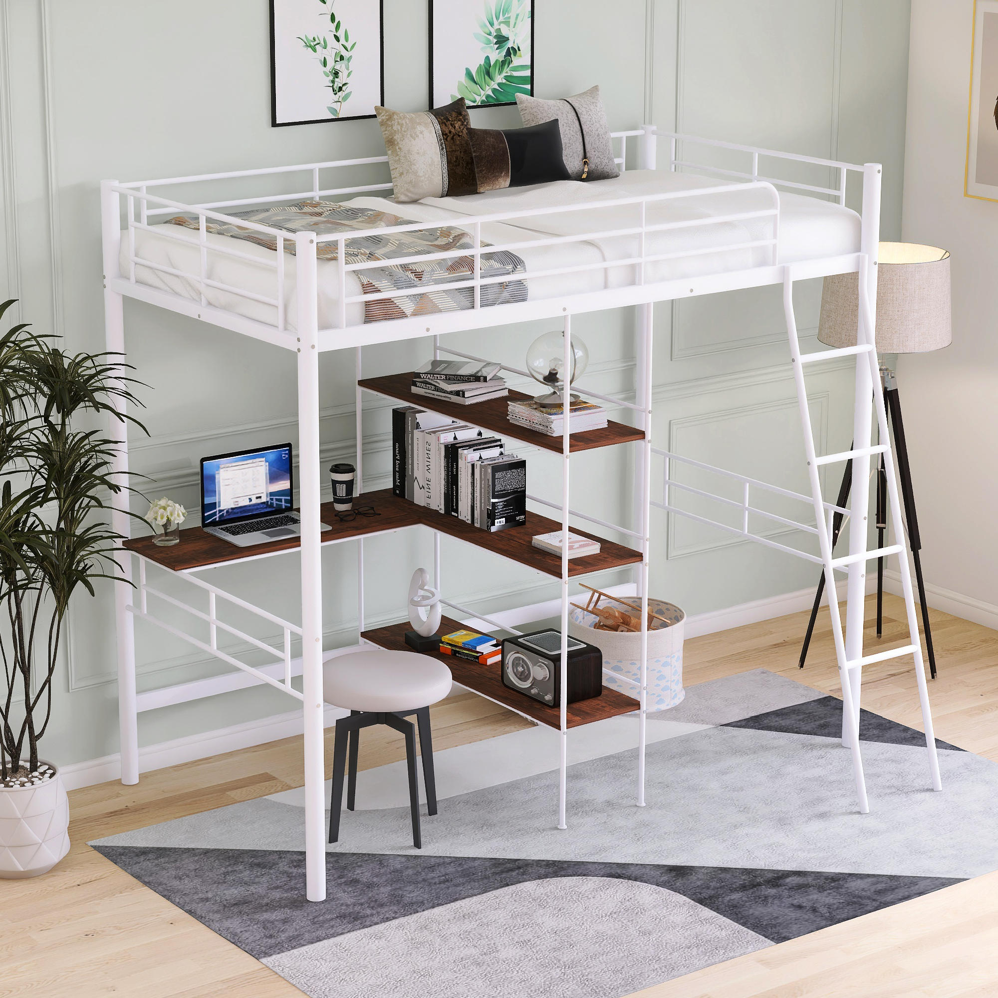 Twin Size Metal Loft Bed and Built-in Desk and Shelves,White（OLD SKU:WF280270AAK）-Boyel Living