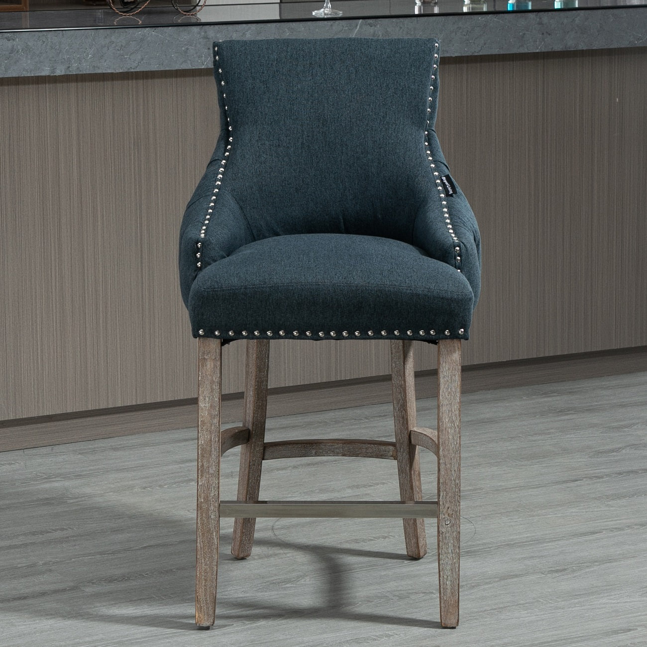 40 in. Dark Blue Linen Fabric Nailhead Tufted Bar Stool with 4 Solid Wood Legs, Set of 2-Boyel Living