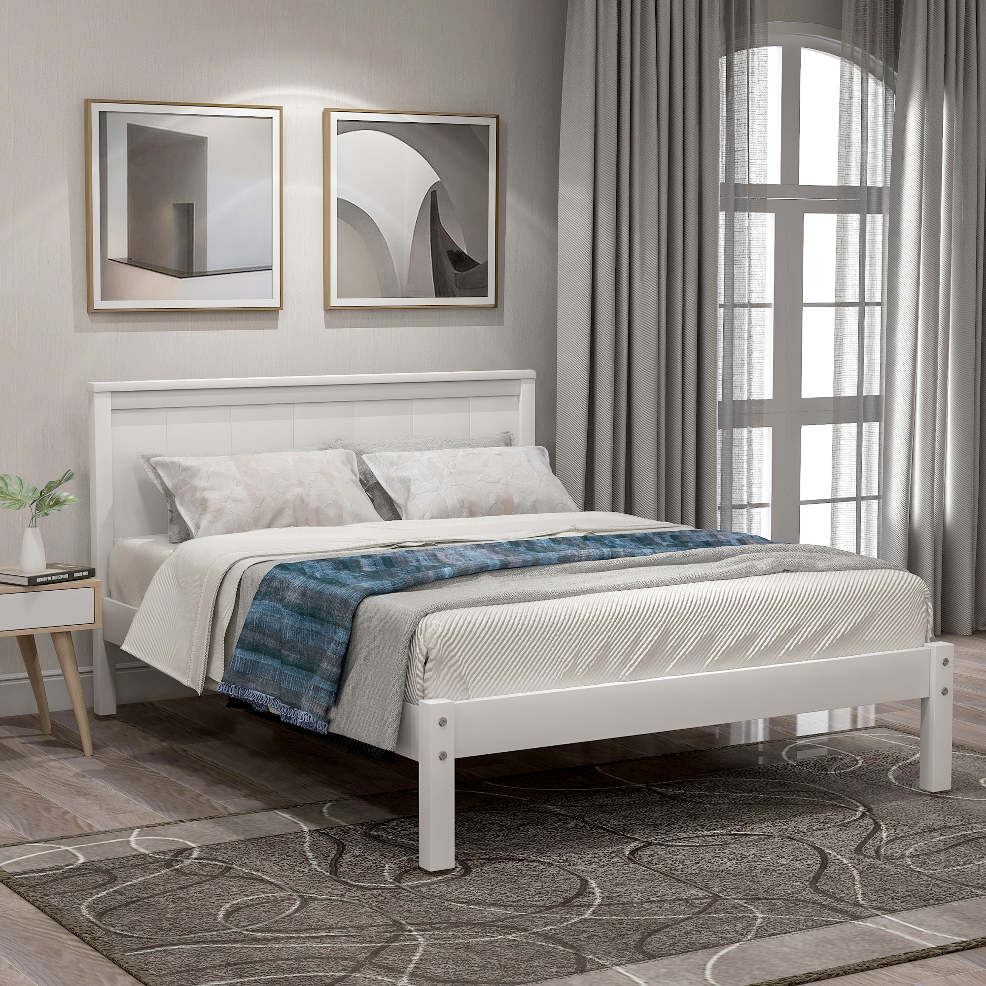 Platform Bed Frame with Headboard , Wood Slat Support , No Box Spring Needed ,Twin,White-Boyel Living