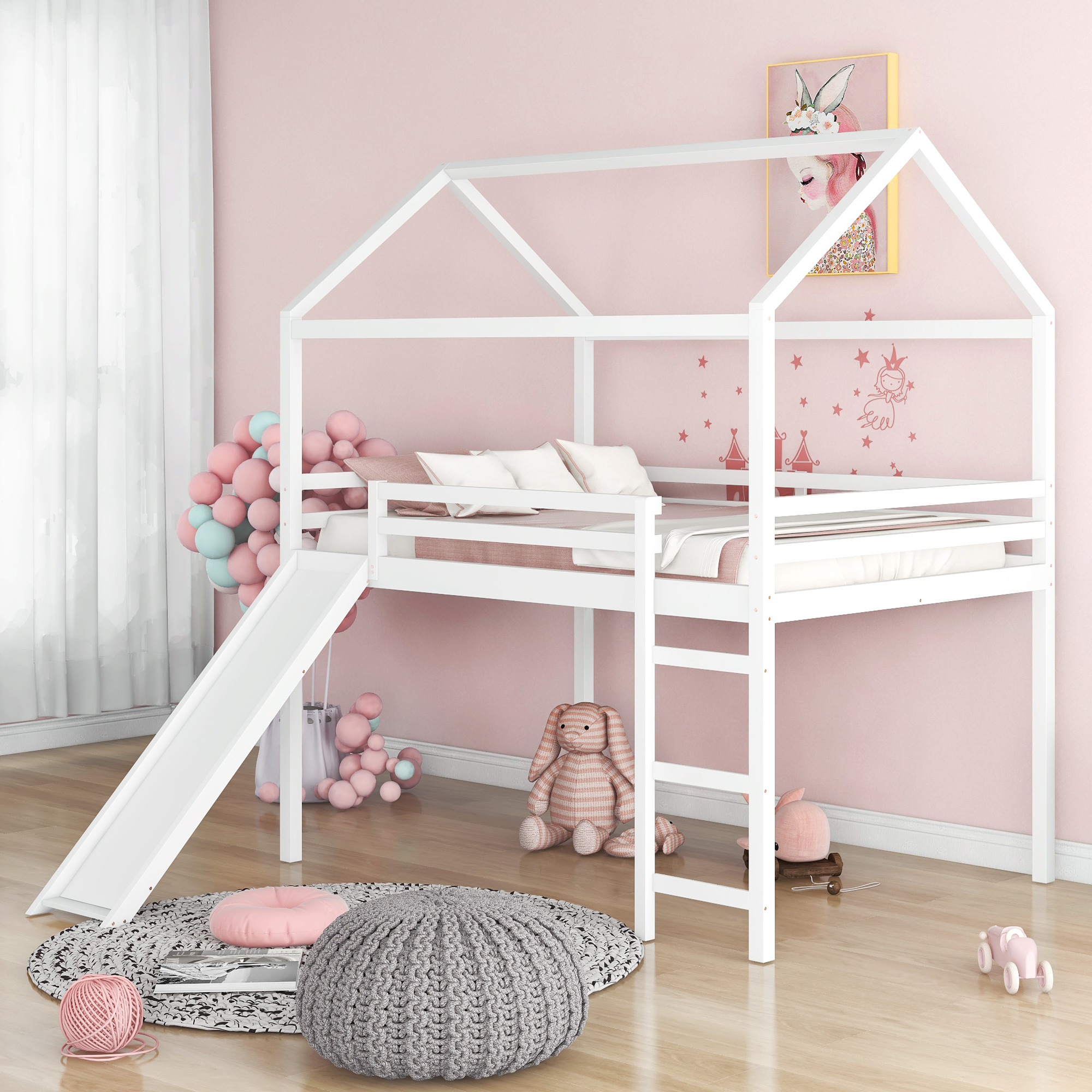 Full Size Loft Bed with Slide, House Bed with Slide,White(OLD SKU :WF281161AAK)-Boyel Living