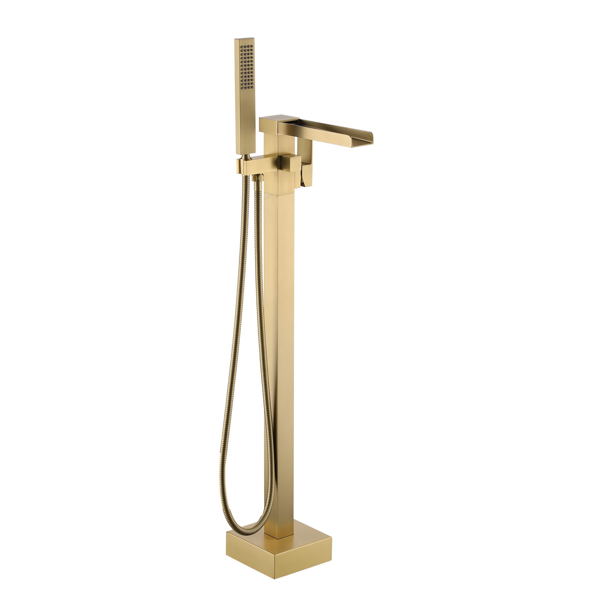  Freestanding Floor Mount Single Handle Waterfall Tub Filler Faucet with Handheld Shower in Brushed Gold-Boyel Living