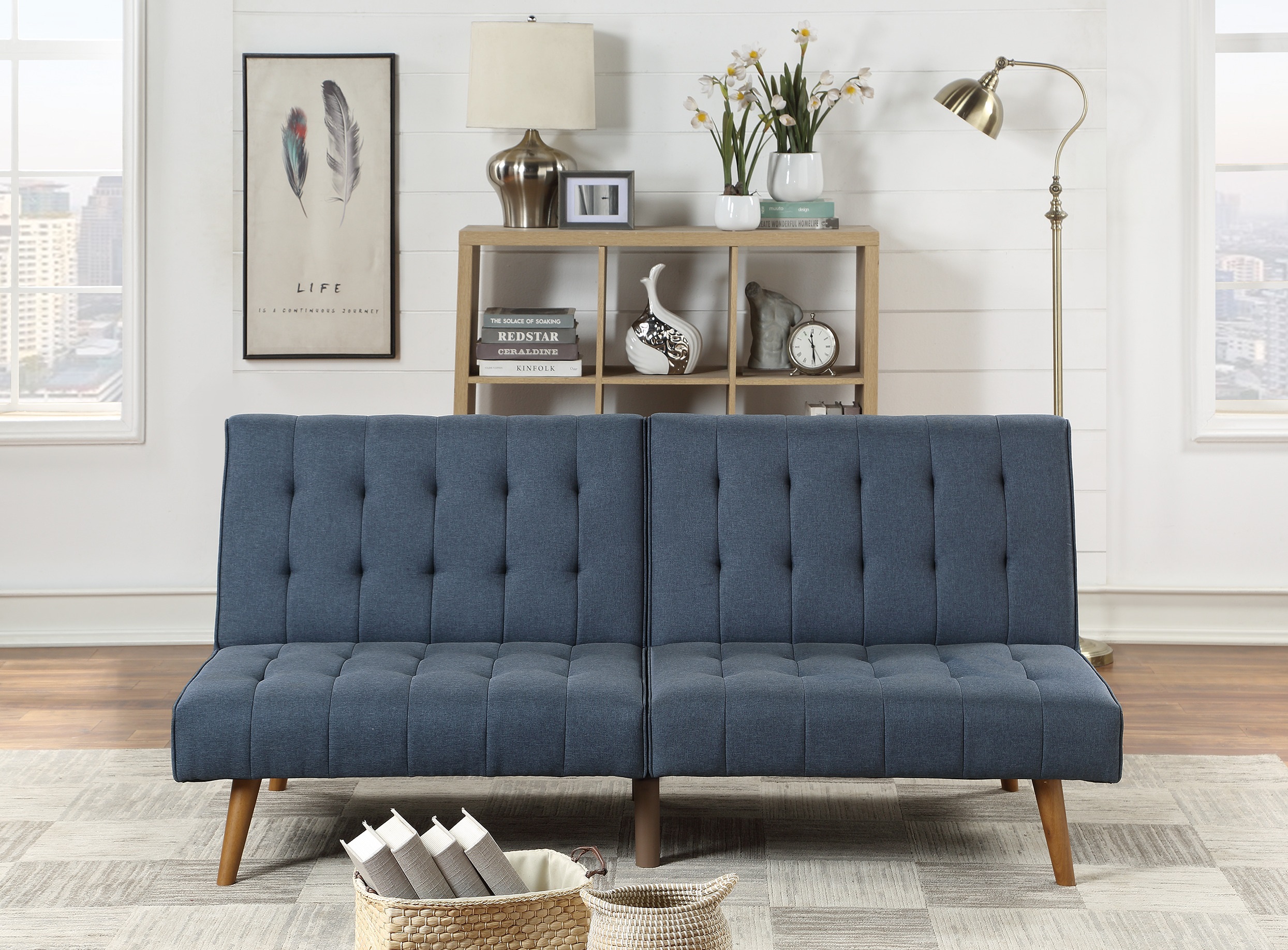 Navy Color Modern Convertible Sofa 1pc Set Couch Polyfiber Plush Tufted Cushion Sofa Living Room Furniture Wooden Legs-Boyel Living