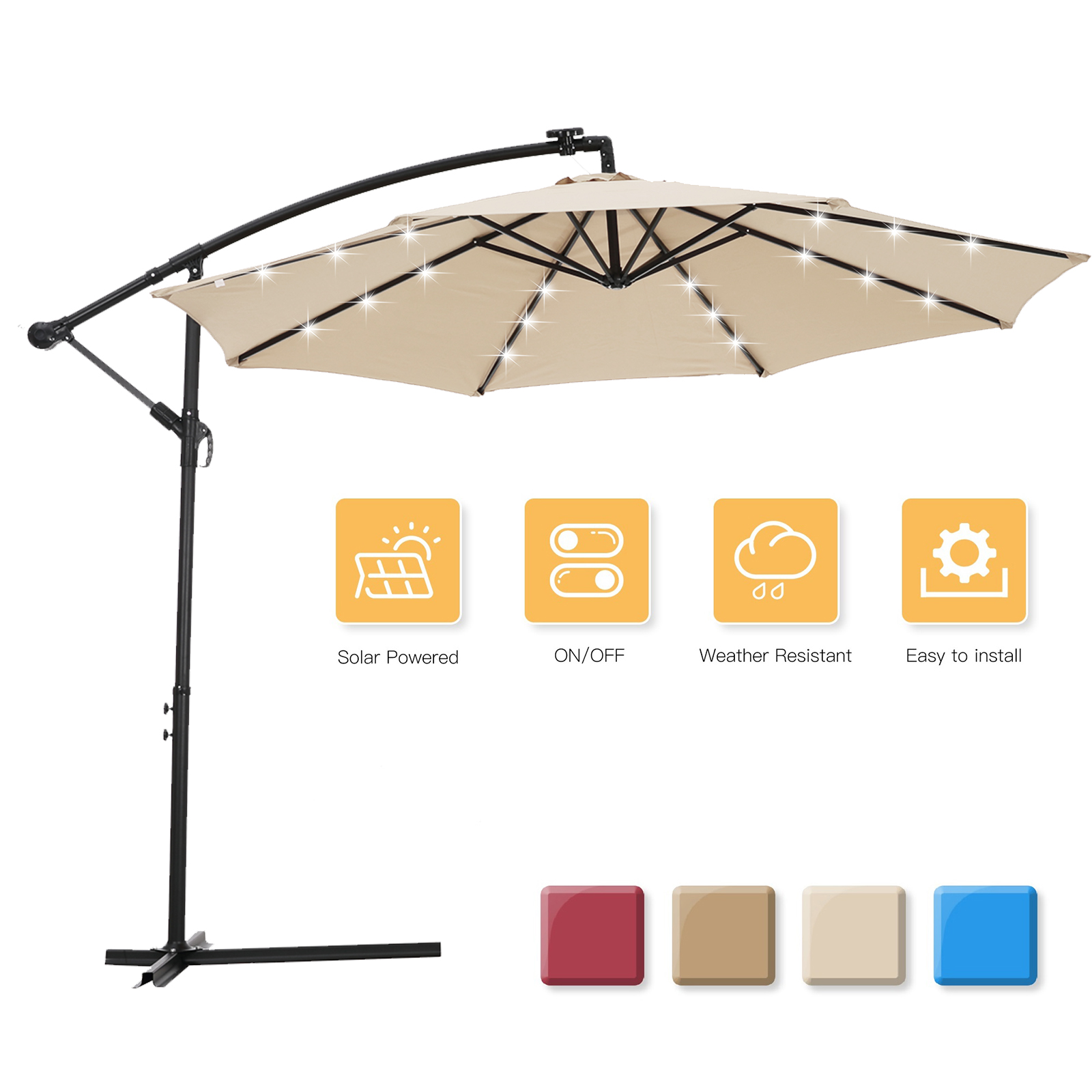 10 FT Solar LED Patio Outdoor Umbrella Hanging Cantilever Umbrella Offset Umbrella Easy Open Adustment with 24 LED Lights - tan-Boyel Living