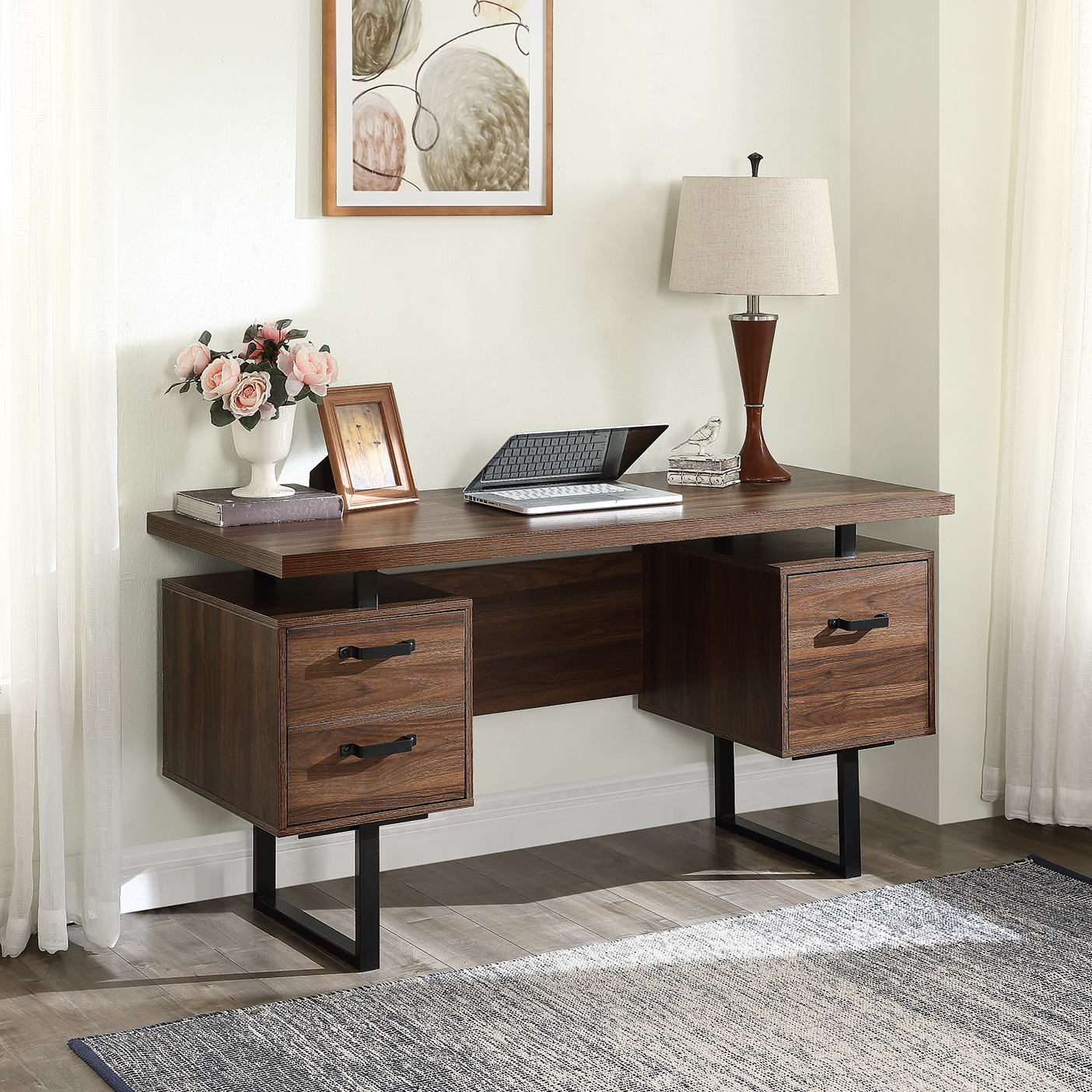 Home Office Computer Desk with drawers/hanging letter-size files/59 inch Writing Study Table with Drawers-Boyel Living