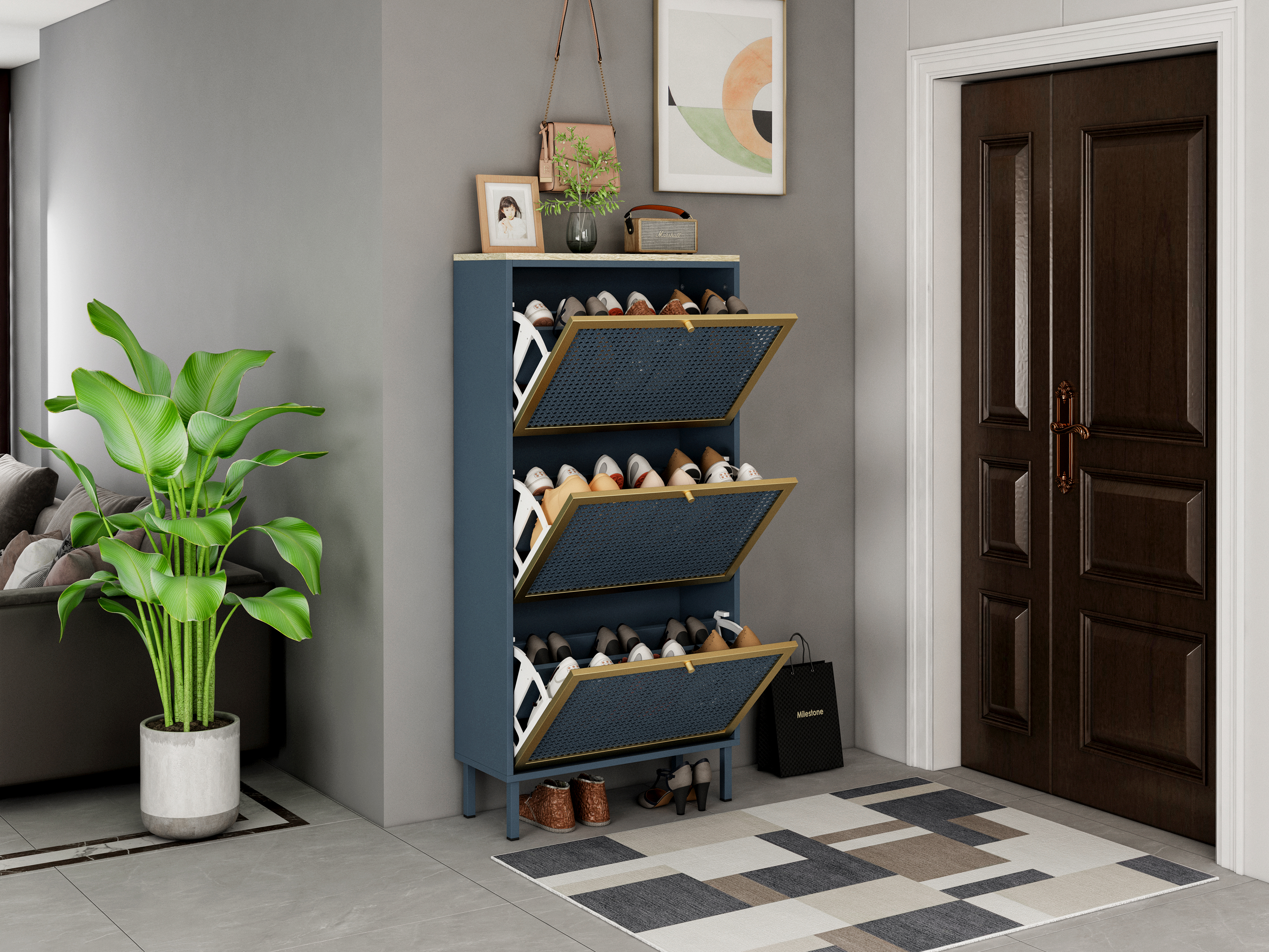 3 Metal Door Shoe Rack, Freestanding Modern Shoe Storage Cabinet, Metal rattan, for Entryway 