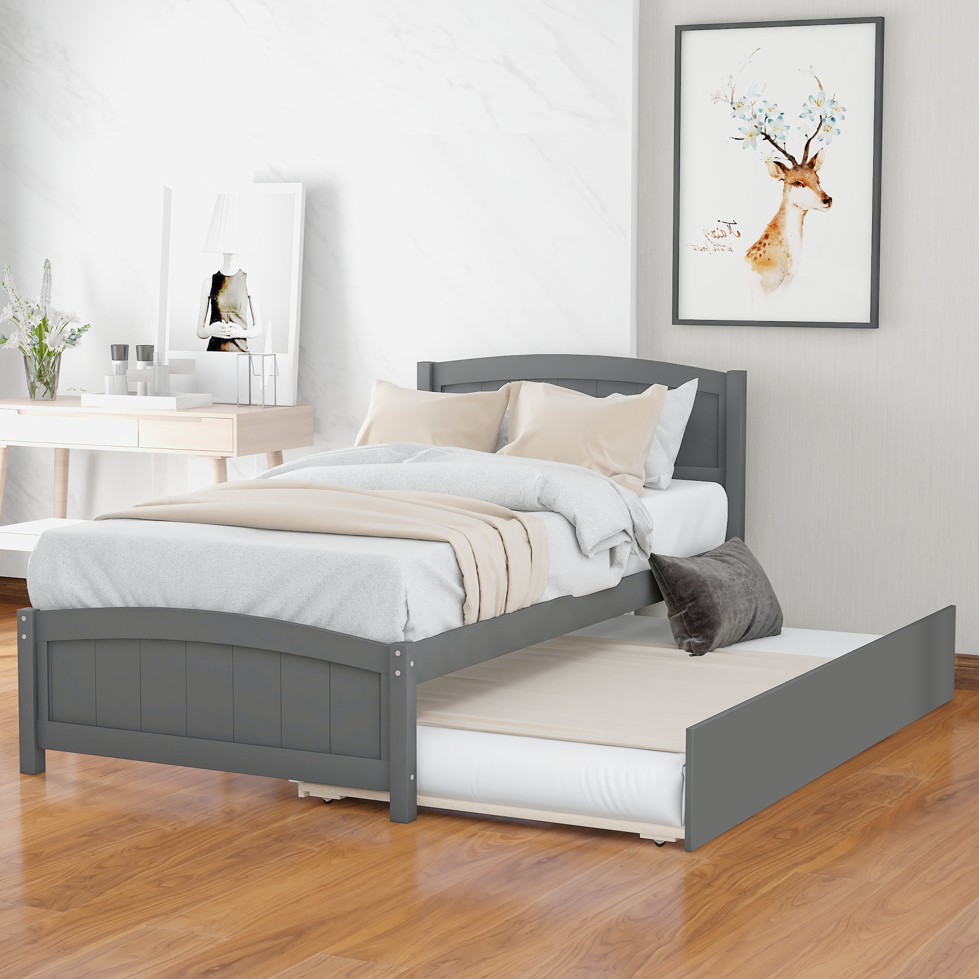Twin size Platform Bed with Trundle, Gray-Boyel Living