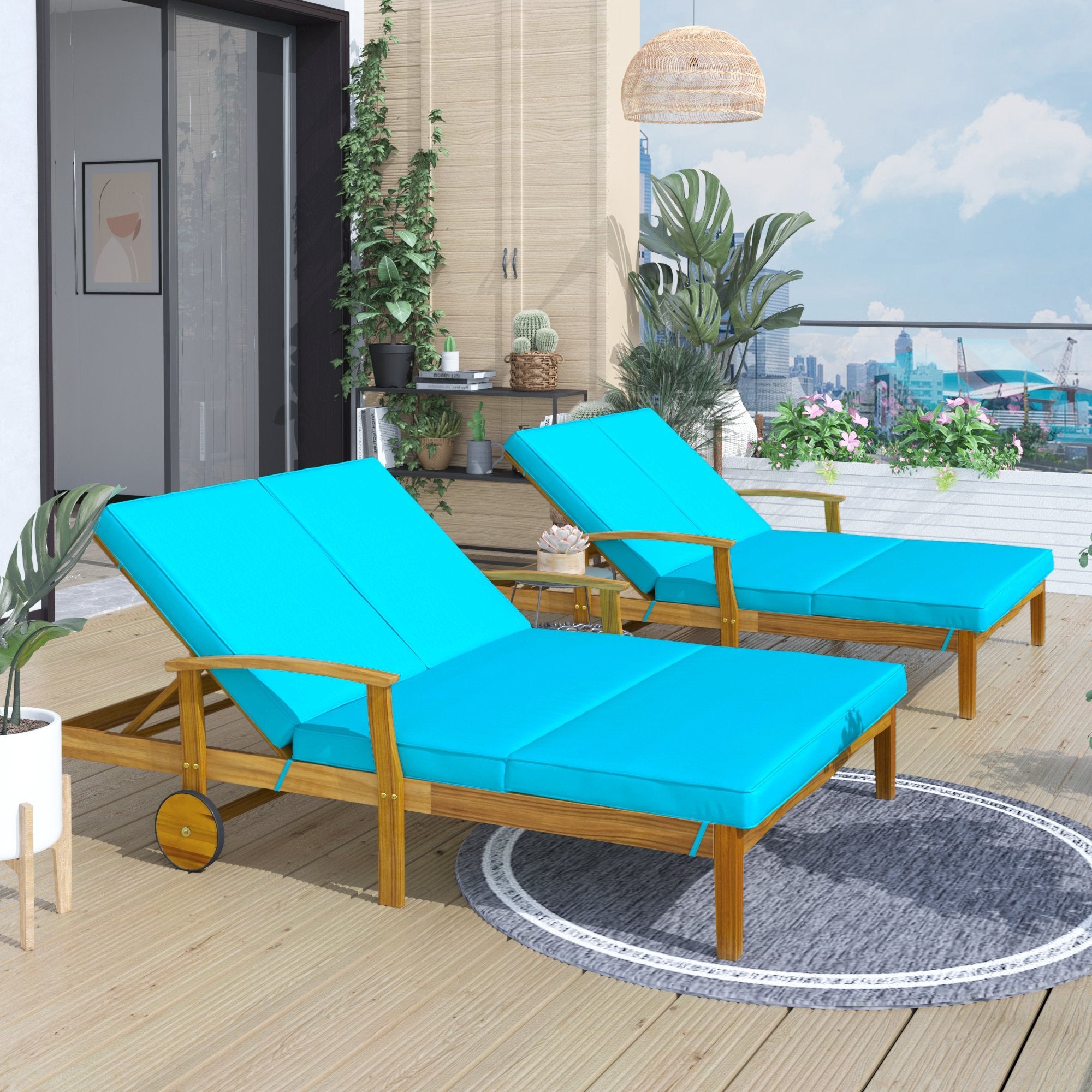 Outdoor Double Chaise Lounge Chair for 2 Persons Patio Backyard Solid Wood Frame Daybed with Cushion and Wheels,Natural Wood Finish+Blue Cushion-Boyel Living