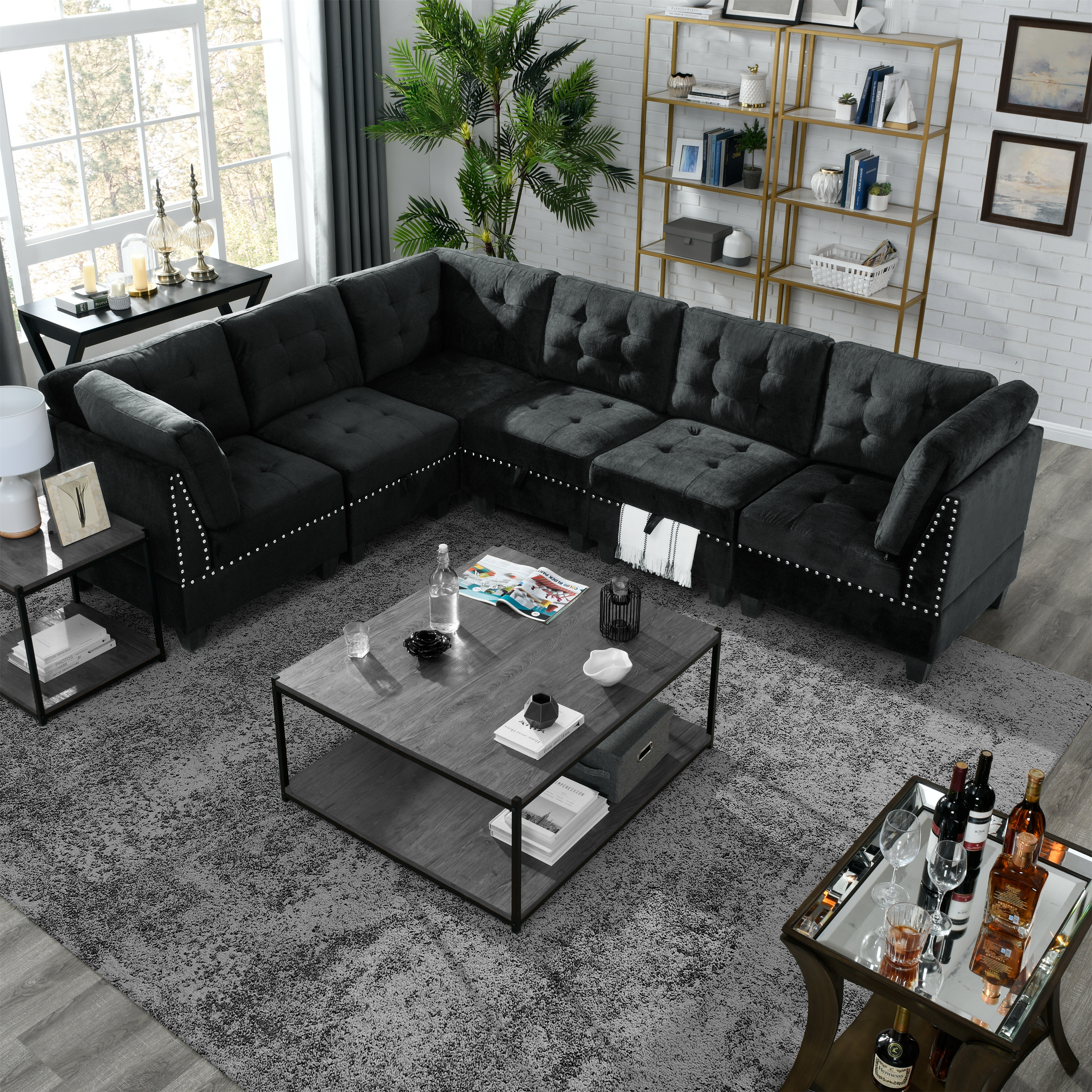 L shape Modular Sectional Sofa，DIY Combination，includes Three Single Chair and Three Corner ，Black Velvet.-Boyel Living