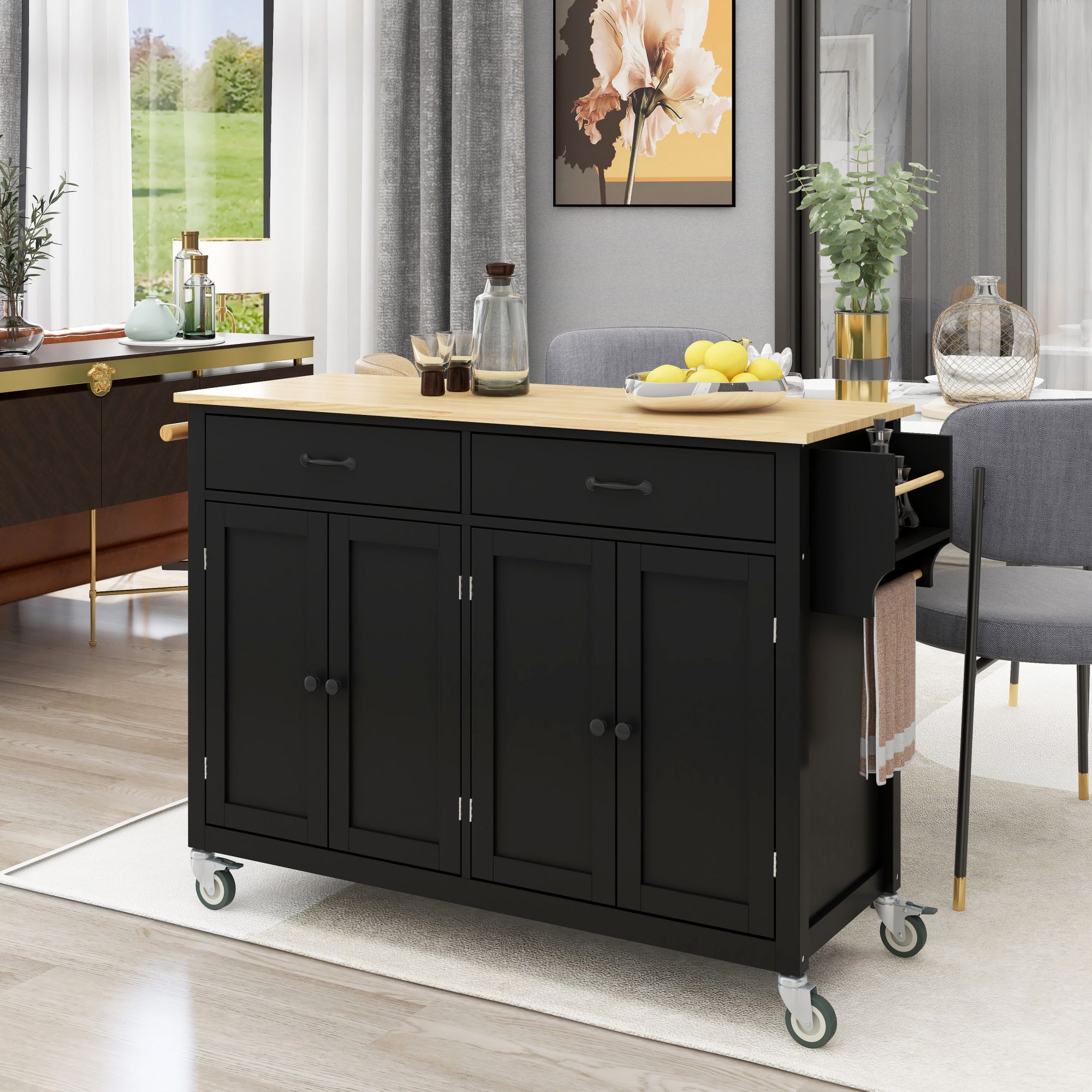 Kitchen Island Cart with Solid Wood Top and Locking Wheels，54.3 Inch Width，4 Door Cabinet and Two Drawers，Spice Rack, Towel Rack （Black）-Boyel Living