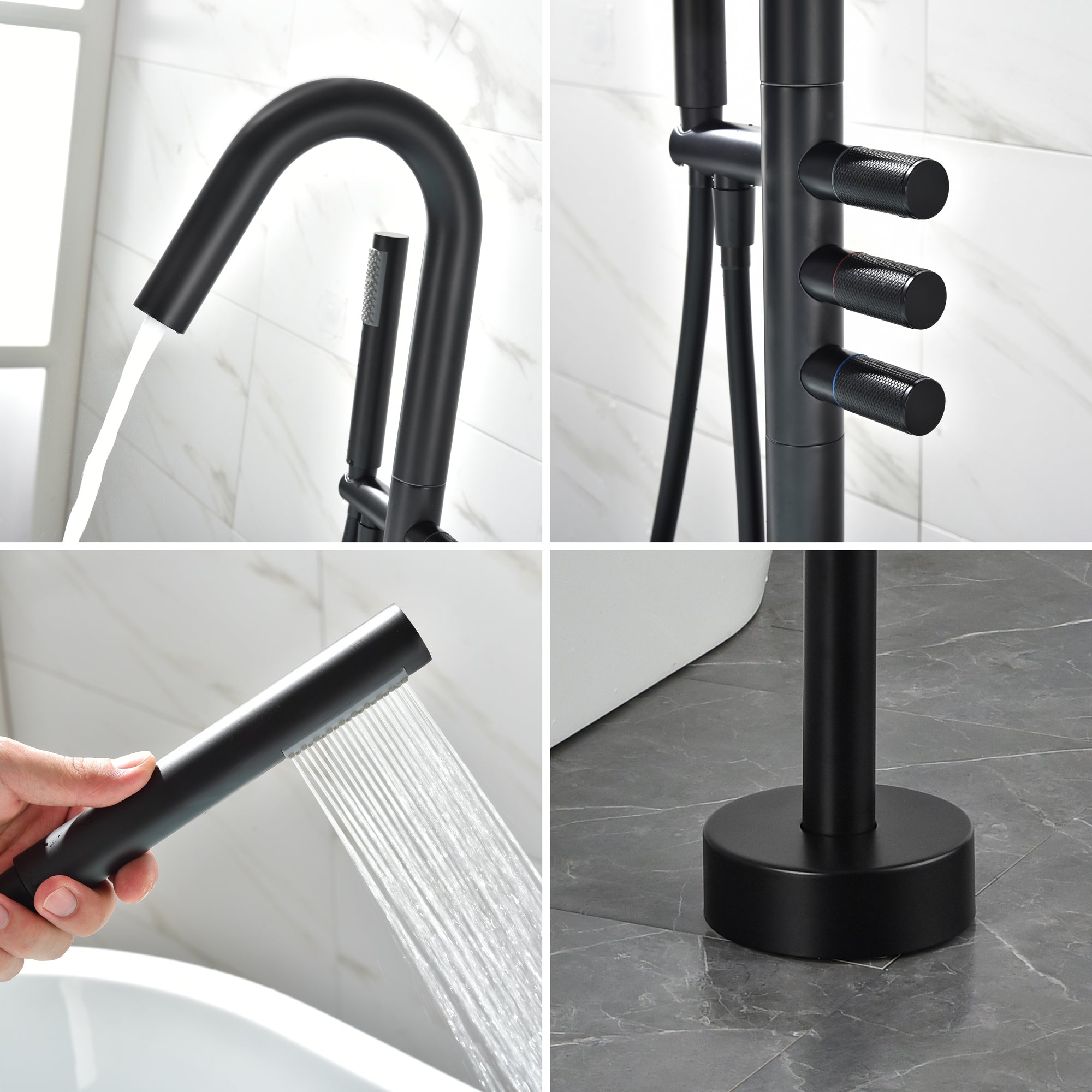 Boyel Living Freestanding Floor Mount 3-Handle Bath Tub Filler Faucet with Handheld Shower and Water Supply Lines in Matte Black-Boyel Living