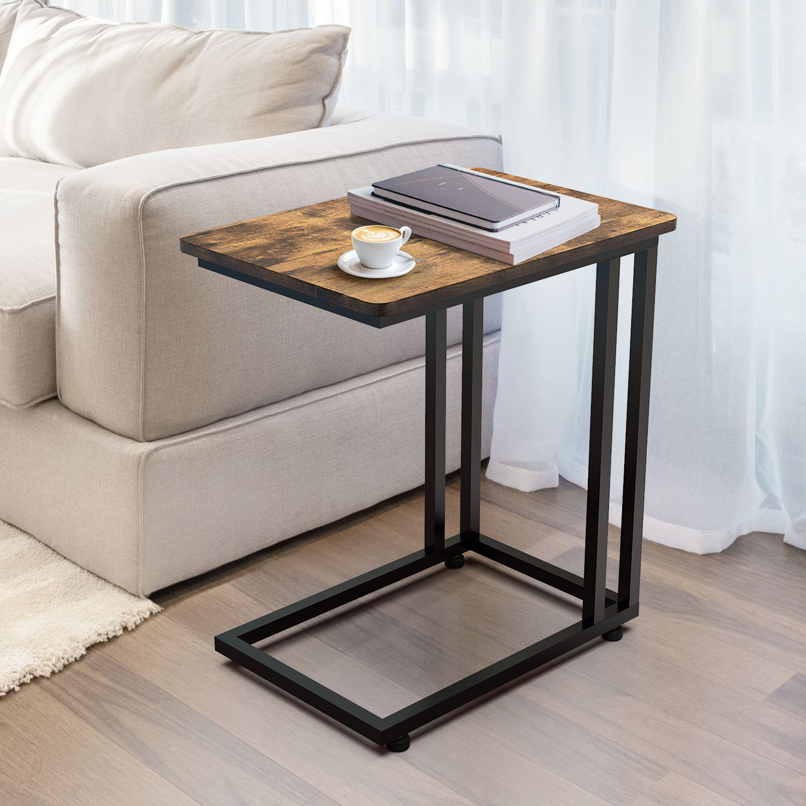 C Shaped Side Table End Table with Metal Frame Under The Sofa Overbed Table for Sofa Couch Living Room Bedroom  Small Spaces-Boyel Living