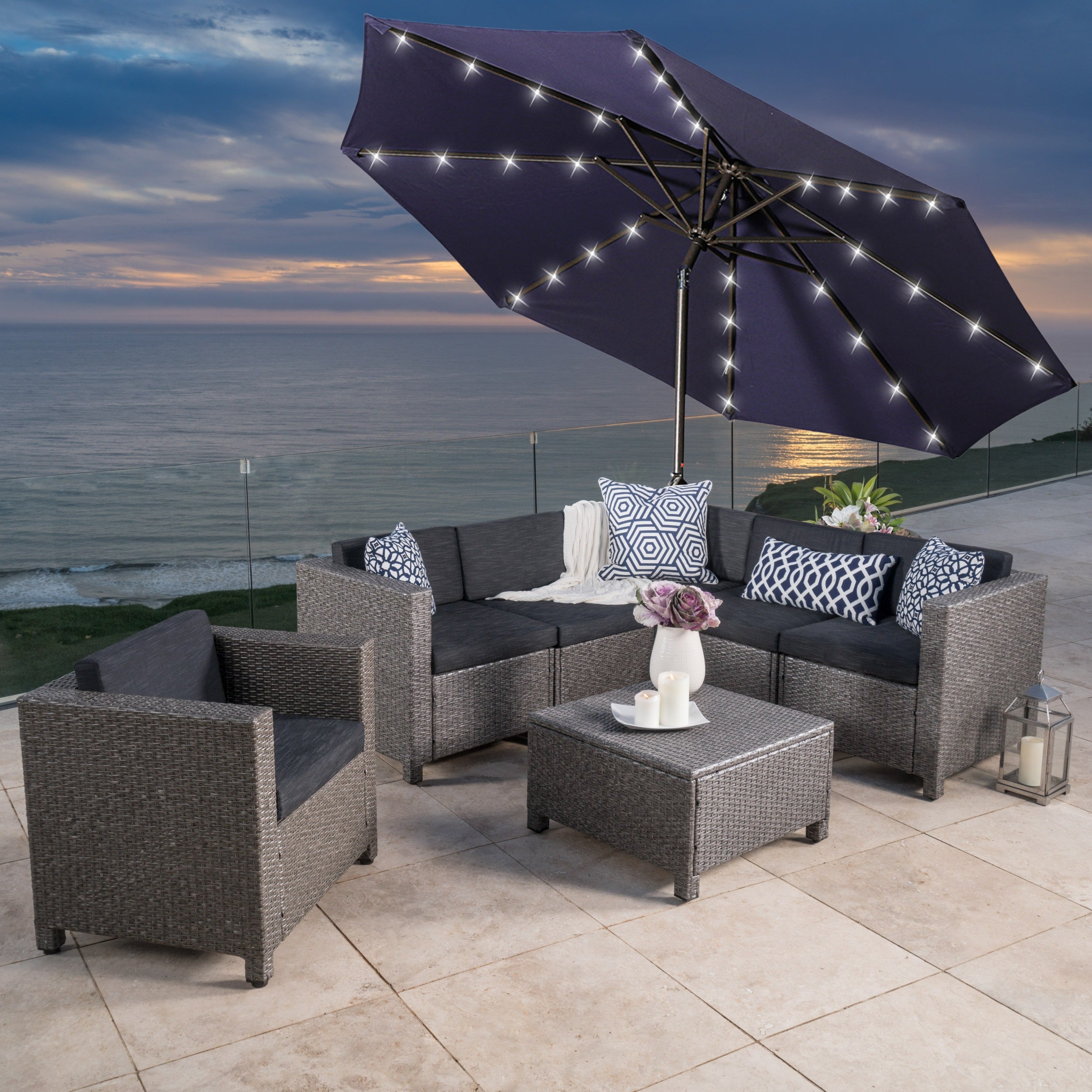 9ft Patio Umbrella Outdoor Market 32 LED Solar Umbrella with Tilt and Crank-Boyel Living