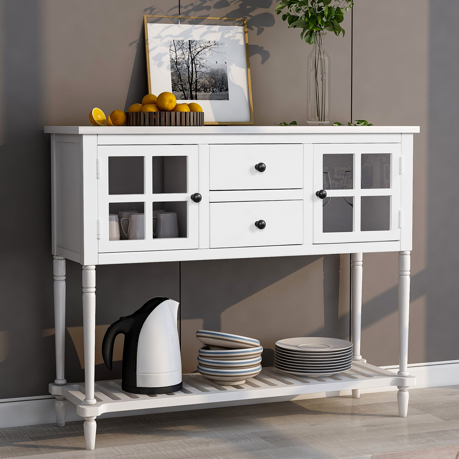 Sideboard Console Table with Bottom Shelf, Farmhouse Wood/Glass Buffet Storage Cabinet Living Room (White)-Boyel Living