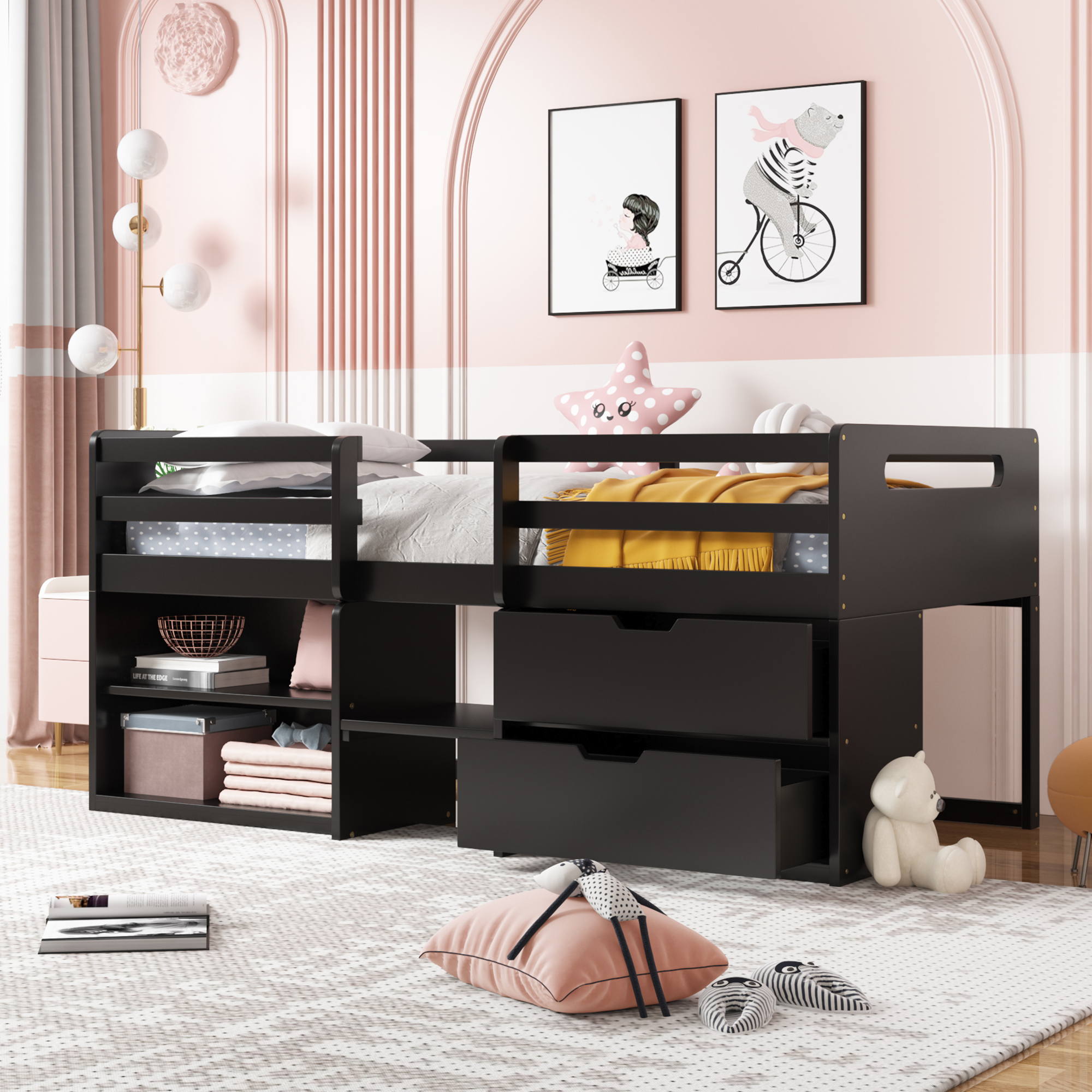 Twin size Loft Bed with Two Shelves and Two drawers  ( Espresso)-Boyel Living