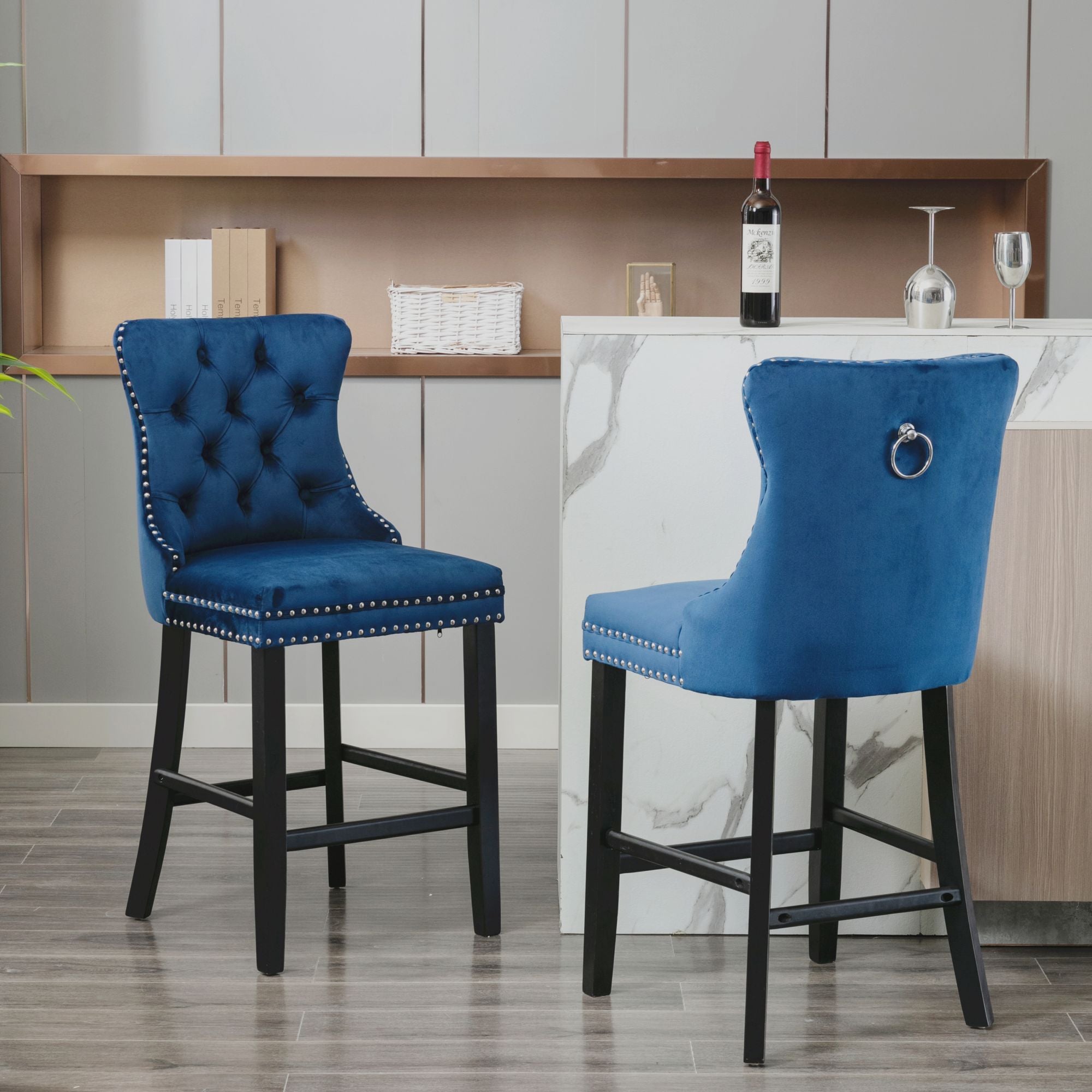 Contemporary Velvet Upholstered Bar-stools with Chrome Nail-head Trim,Set of 2-Boyel Living