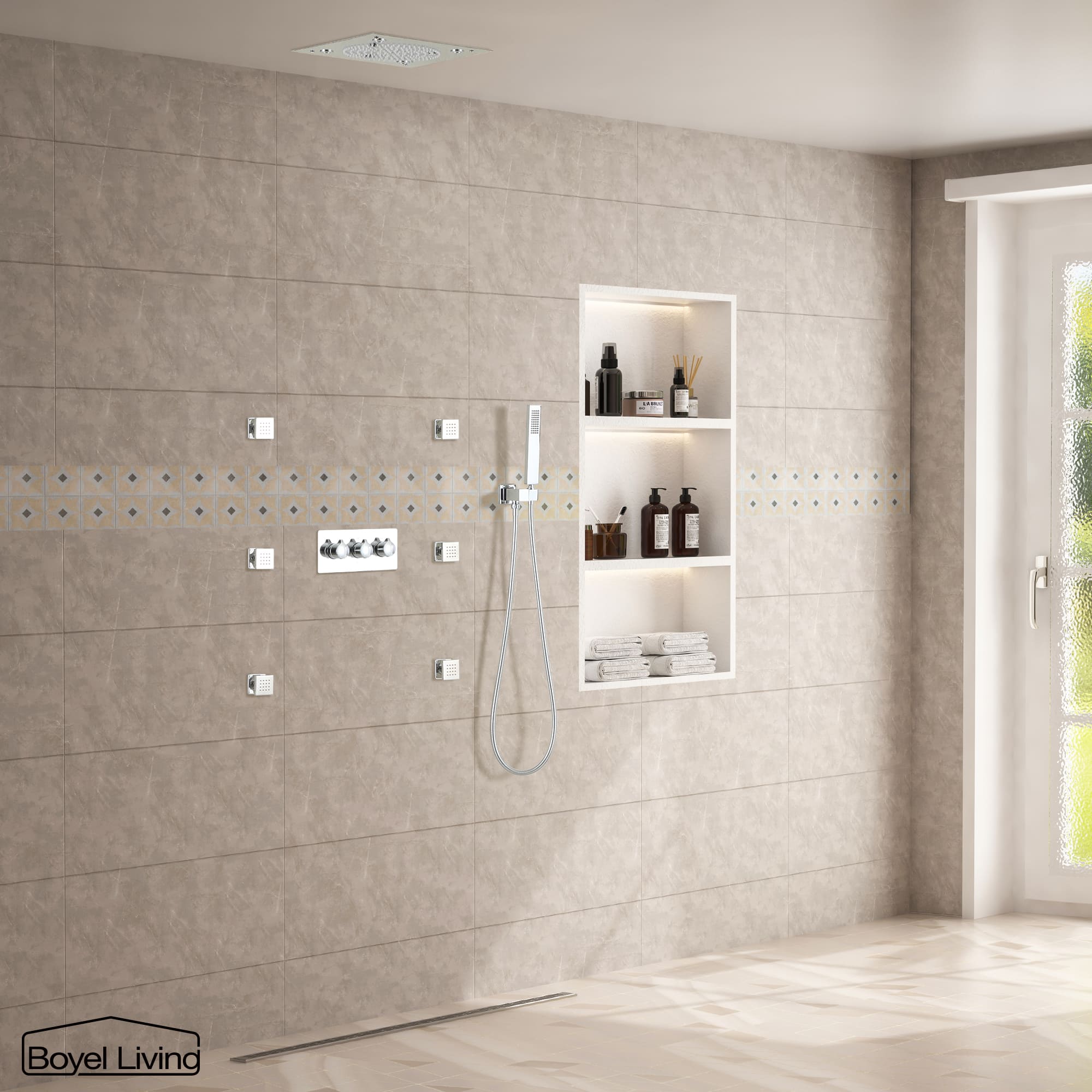 Boyel Living Luxury LED Ceiling Rainfall Shower Head System with Body Jets Bathroom Shower Faucet Complete Set, Flow Adjustable-Boyel Living