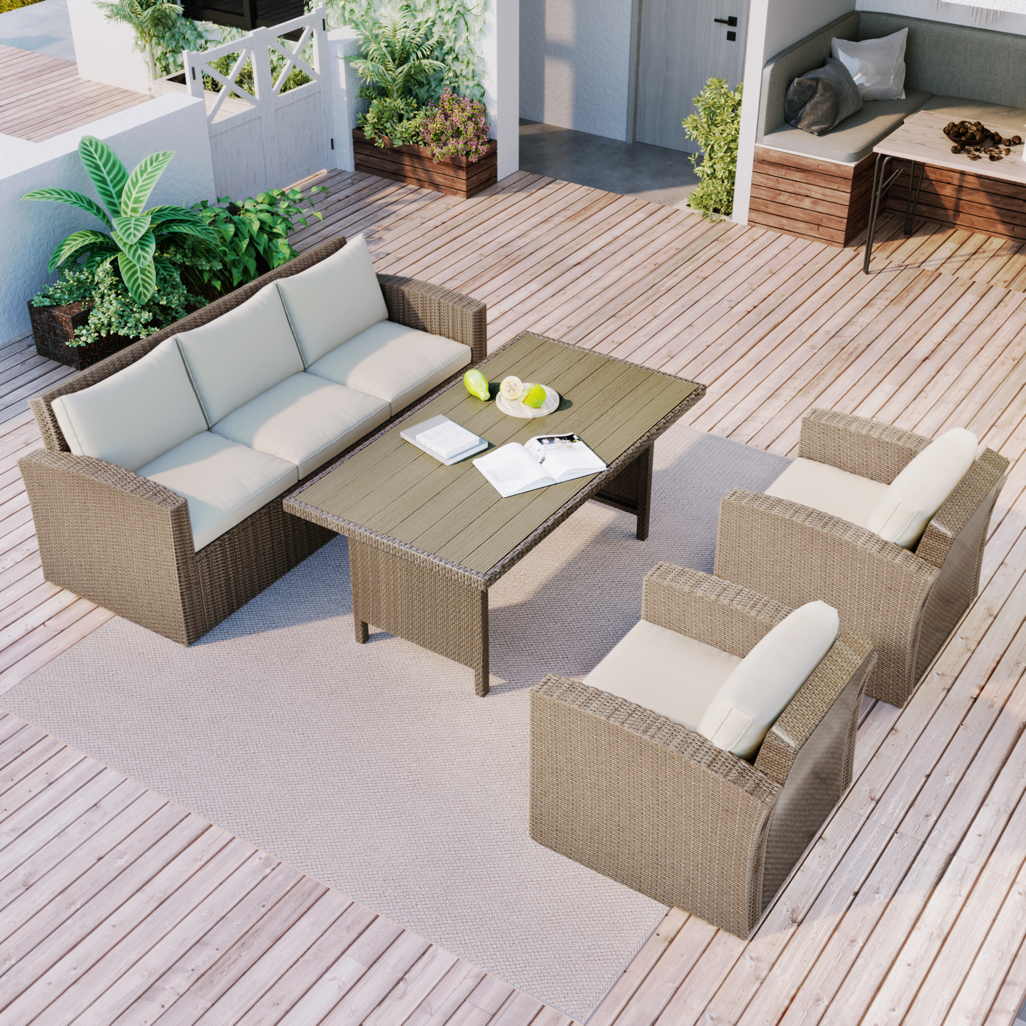 U_STYLE Outdoor Patio Furniture Set 4-Piece Conversation Set Wicker Furniture Sofa Set with Beige Cushions