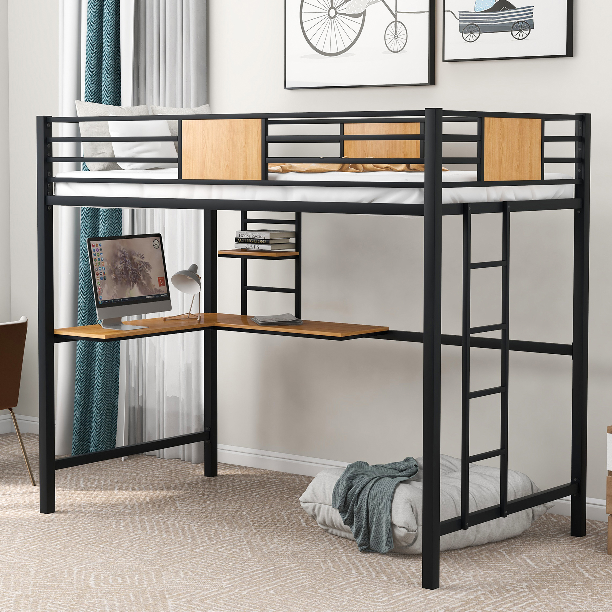 Twin Metal Loft Bed with Desk and Shelve,Black-Boyel Living